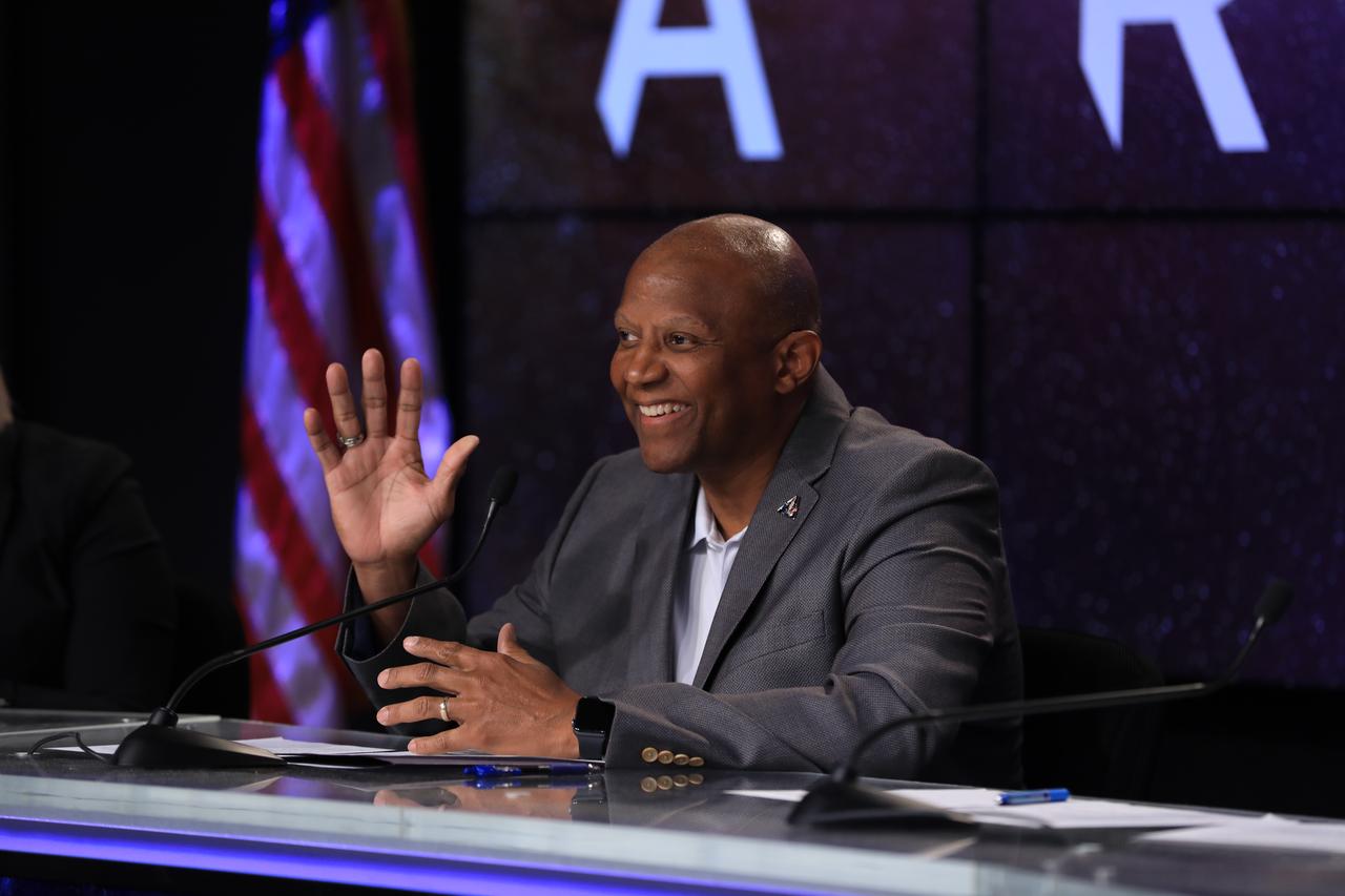 Kennedy Space Center Deputy Director Kelvin Manning participates in an Artemis I student media briefing inside the John Holliman Auditorium of the News Center at the Florida spaceport on Jan. 19, 2023. As part of NASA’s NextGen STEM project, students from Florida’s St. Cloud High School and Storm Grove Middle School in Vero Beach participated in person during the briefing, while middle and high school students across the country had the opportunity to ask questions of the panel via phone to discuss the Artemis I mission and the agency’s future of human space exploration.