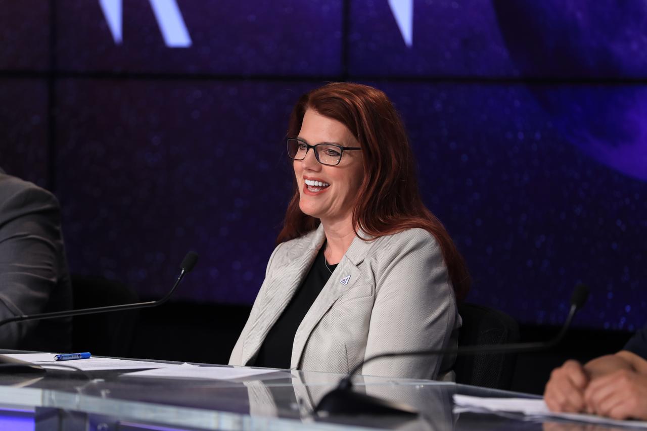 NASA’s Artemis Launch Director Charlie Blackwell-Thompson participates in an Artemis I student media briefing inside the John Holliman Auditorium of the News Center at Kennedy Space Center in Florida on Jan. 19, 2023. As part of NASA’s NextGen STEM project, students from Florida’s St. Cloud High School and Storm Grove Middle School in Vero Beach participated in person during the briefing, while middle and high school students across the country had the opportunity to ask questions of the panel via phone to discuss the Artemis I mission and the agency’s future of human space exploration.