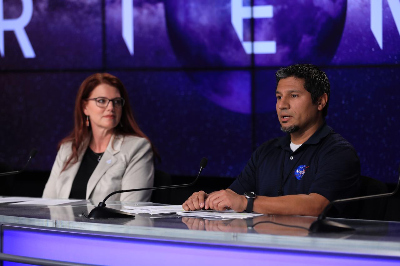 From left, NASA’s Artemis Launch Director Charlie Blackwell-Thompson and Space Launch System Resident Management Office Manager Elkin Norena participate in an Artemis I student media briefing inside the John Holliman Auditorium of the News Center at Kennedy Space Center in Florida on Jan. 19, 2023. As part of NASA’s NextGen STEM project, students from Florida’s St. Cloud High School and Storm Grove Middle School in Vero Beach participated in person during the briefing, while middle and high school students across the country had the opportunity to ask questions of the panel via phone to discuss the Artemis I mission and the agency’s future of human space exploration.