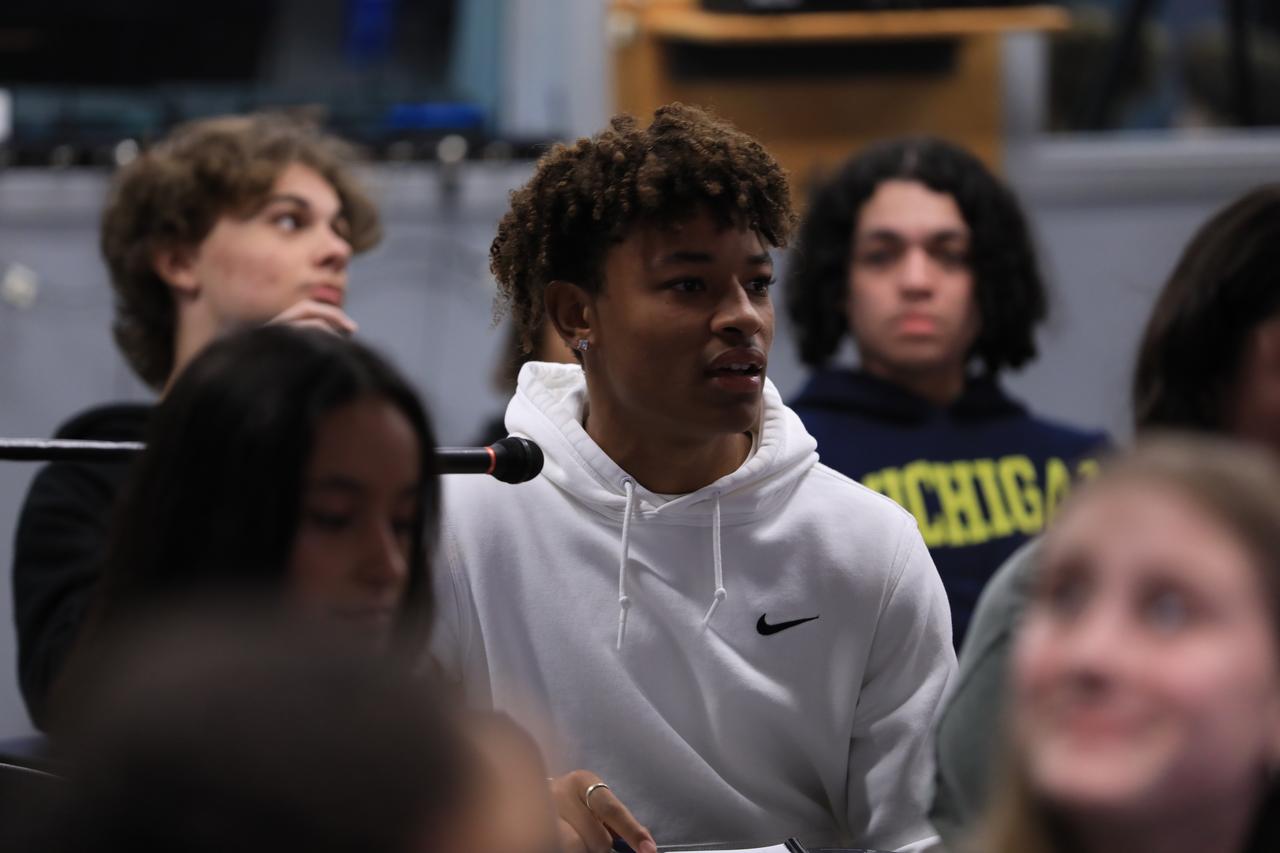 As part of NASA’s NextGen STEM project, students from Florida’s St. Cloud High School and Storm Grove Middle School in Vero Beach participate in an Artemis I student media briefing inside the John Holliman Auditorium of the News Center at NASA’s Kennedy Space Center in Florida on Jan. 19, 2023. Along with the students participating in person, middle and high school students across the country had the opportunity to ask questions of the panel via phone to discuss the Artemis I mission and the agency’s future of human space exploration.