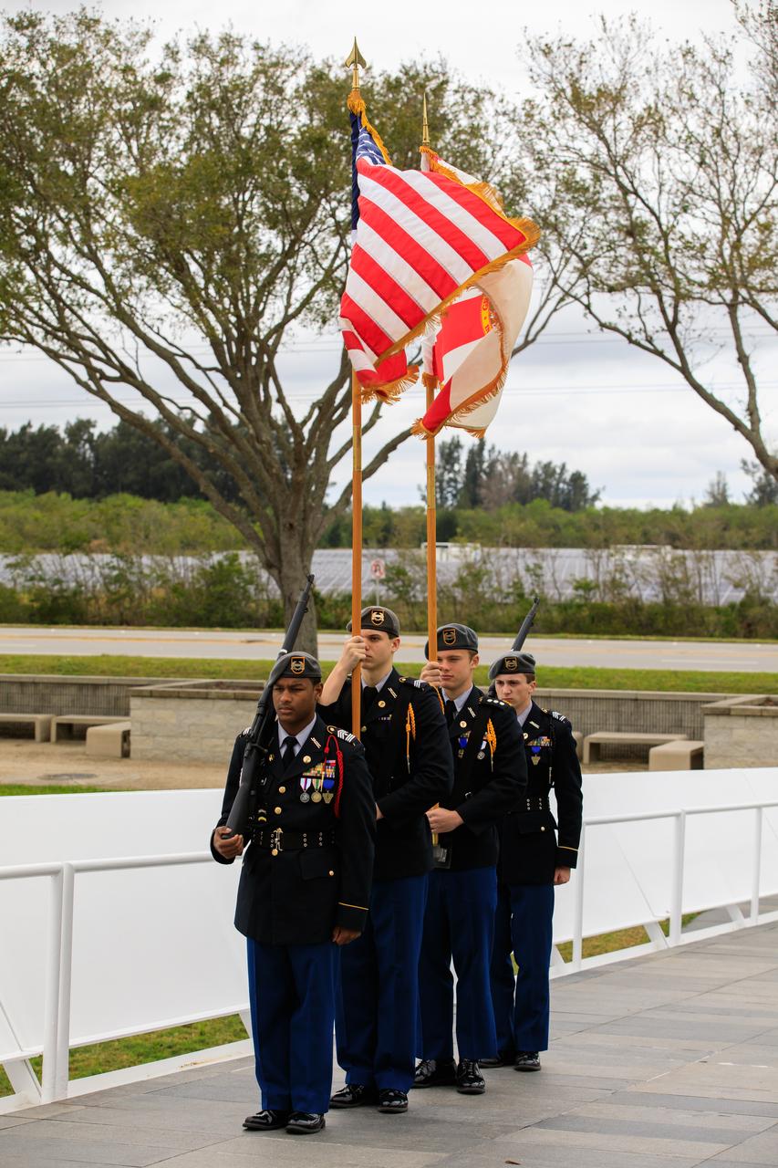 Members of the Viera High School JROTC Honor Guard present colors during the Day of Remembrance ceremony at the Kennedy Space Center Visitor Complex in Florida on Jan. 26, 2023. The event honored the crews of Apollo 1 and space shuttles Challenger and Columbia, as well as other astronauts who lost their lives in the pursuit of spaceflight. This year marks the 20th anniversary of the Columbia tragedy. This year’s ceremony was hosted by the Astronauts Memorial Foundation, which was founded after the shuttle Challenger accident in 1986 to honor the sacrifices of fallen astronauts each year. 