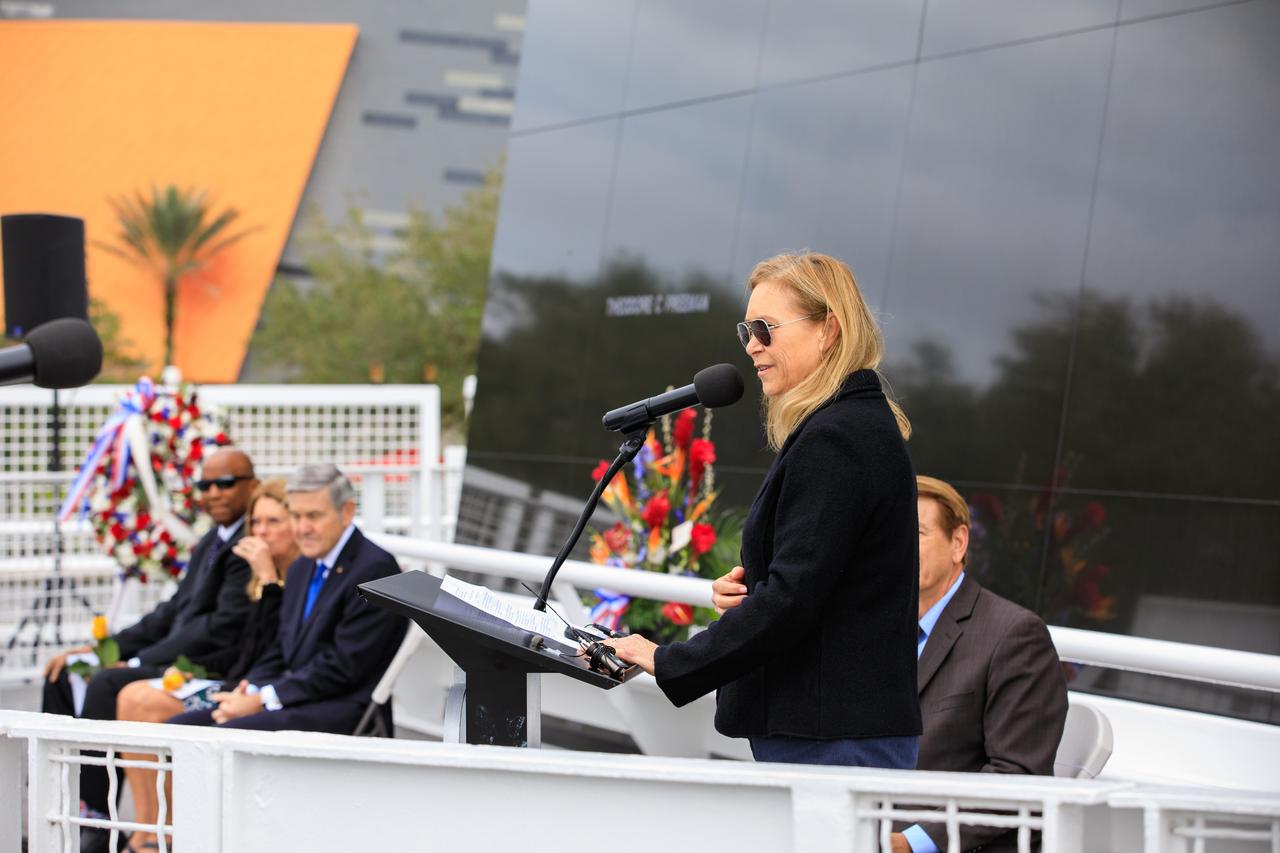 Kennedy Space Center Director Janet Petro makes remarks during the Day of Remembrance on Jan. 26, 2023, at nearby Kennedy Space Center Visitor Complex in Florida. The event honored the crews of Apollo 1 and space shuttles Challenger and Columbia, as well as other astronauts who lost their lives in the pursuit of spaceflight. This year marks the 20th anniversary of the Columbia tragedy. This year’s ceremony was hosted by the Astronauts Memorial Foundation, which was founded after the shuttle Challenger accident in 1986 to honor the sacrifices of fallen astronauts each year. 