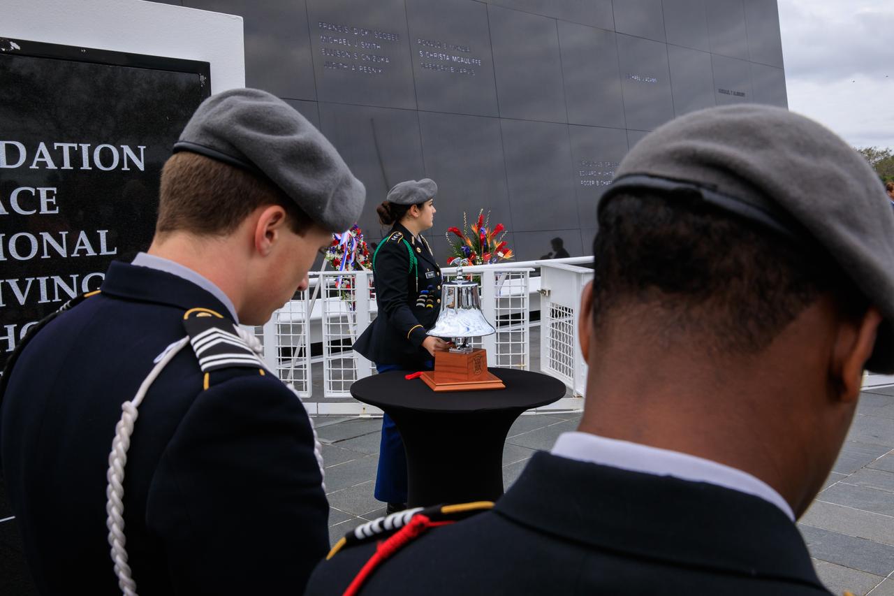 Members of the Viera High School JROTC Honor Guard observe a minute of silence during the Day of Remembrance ceremony at the Kennedy Space Center Visitor Complex in Florida on Jan. 26, 2023. The event honored the crews of Apollo 1 and space shuttles Challenger and Columbia, as well as other astronauts who lost their lives in the pursuit of spaceflight. This year marks the 20th anniversary of the Columbia tragedy. This year’s ceremony was hosted by the Astronauts Memorial Foundation, which was founded after the shuttle Challenger accident in 1986 to honor the sacrifices of fallen astronauts each year.