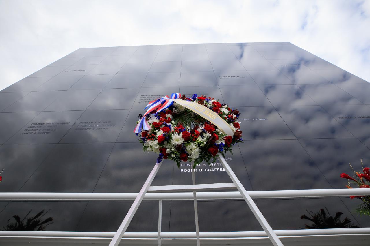 A wreath has been placed in front of the Space Mirror Memorial during the Day of Remembrance ceremony at the Kennedy Space Center Visitor Complex in Florida on Jan. 26, 2023. The event honored the crews of Apollo 1 and space shuttles Challenger and Columbia, as well as other astronauts who lost their lives in the pursuit of spaceflight. This year marks the 20th anniversary of the Columbia tragedy. This year’s ceremony was hosted by the Astronauts Memorial Foundation, which was founded after the shuttle Challenger accident in 1986 to honor the sacrifices of fallen astronauts each year. 