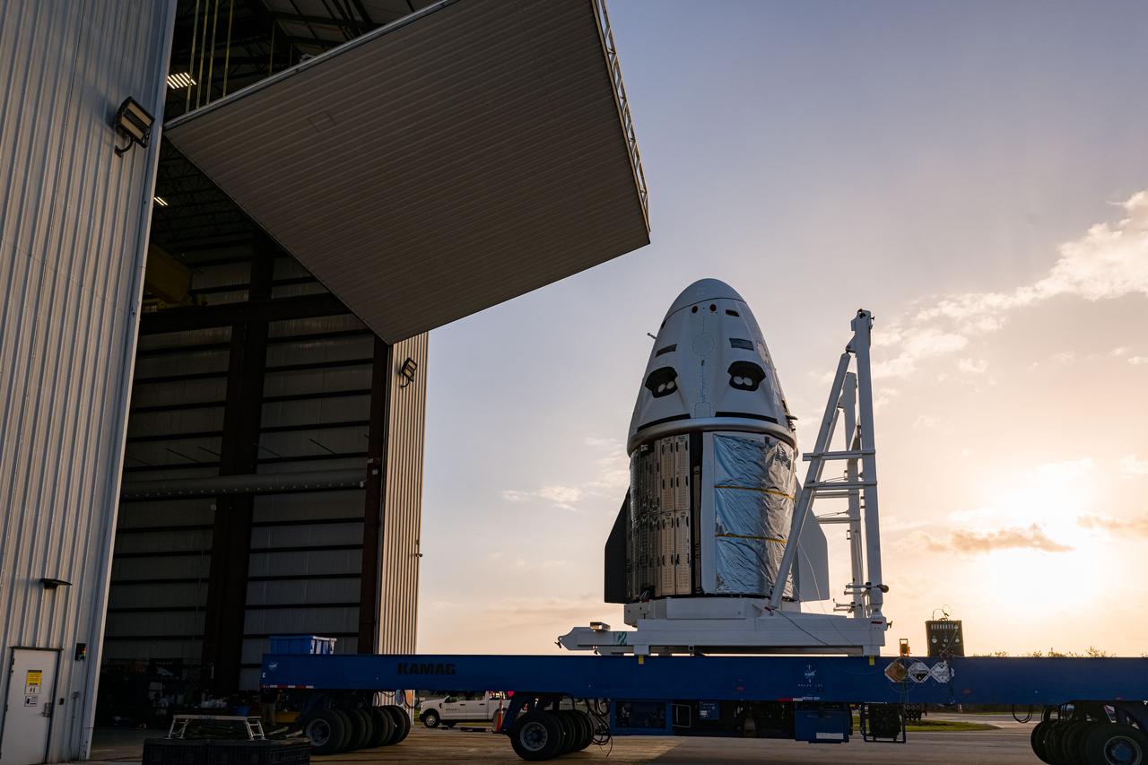 The Crew Dragon Endeavour spacecraft for NASA’s SpaceX Crew-6 mission arrives at SpaceX’s hangar at Kennedy Space Center’s Launch Complex 39A in Florida on Feb. 19, 2023. The capsule arrived at the launch complex after making the short journey from its nearby processing facility at Cape Canaveral Space Force Station. NASA astronauts Stephen Bowen, commander; Warren “Woody” Hoburg, pilot; and mission specialists astronaut Sultan Alneyadi and Roscosmos cosmonaut Andrey Fedyaev wil lift off aboard Endeavour – on the company’s Falcon 9 rocket – from Launch Complex 39A at Kennedy. Liftoff is targeted for no earlier than 2:07 a.m. EST Sunday, Feb. 26.