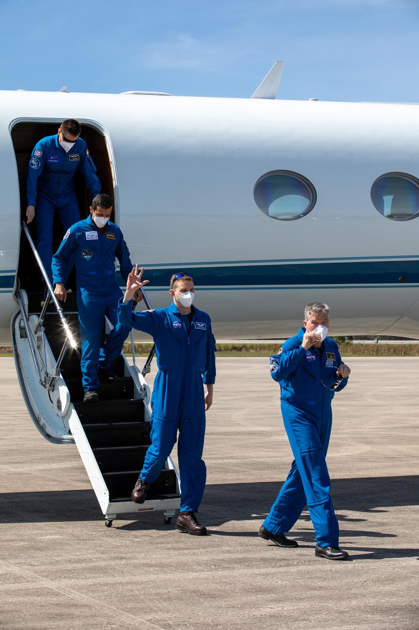 Crew members for NASA’s SpaceX Crew-6 mission to the International Space Station arrive at Kennedy Space Center’s Launch and Landing Facility in Florida on Feb. 21, 2023. From the front are NASA astronauts Stephen Bowen and Warren “Woody” Hoburg, UAE (United Arab Emirates) astronaut Sultan Alneyadi, and Roscosmos cosmonaut Andrey Fedyaev. The crew will head to the center’s Astronaut Crew Quarters as they await launch aboard the Crew Dragon on a SpaceX Falcon 9 rocket. Launch is targeted for no earlier than Feb. 26 at 2:07 a.m. EST. Crew-6 is the sixth crew rotation mission with SpaceX to the station, and the seventh flight of Dragon with people as part of the agency’s Commercial Crew Program. 