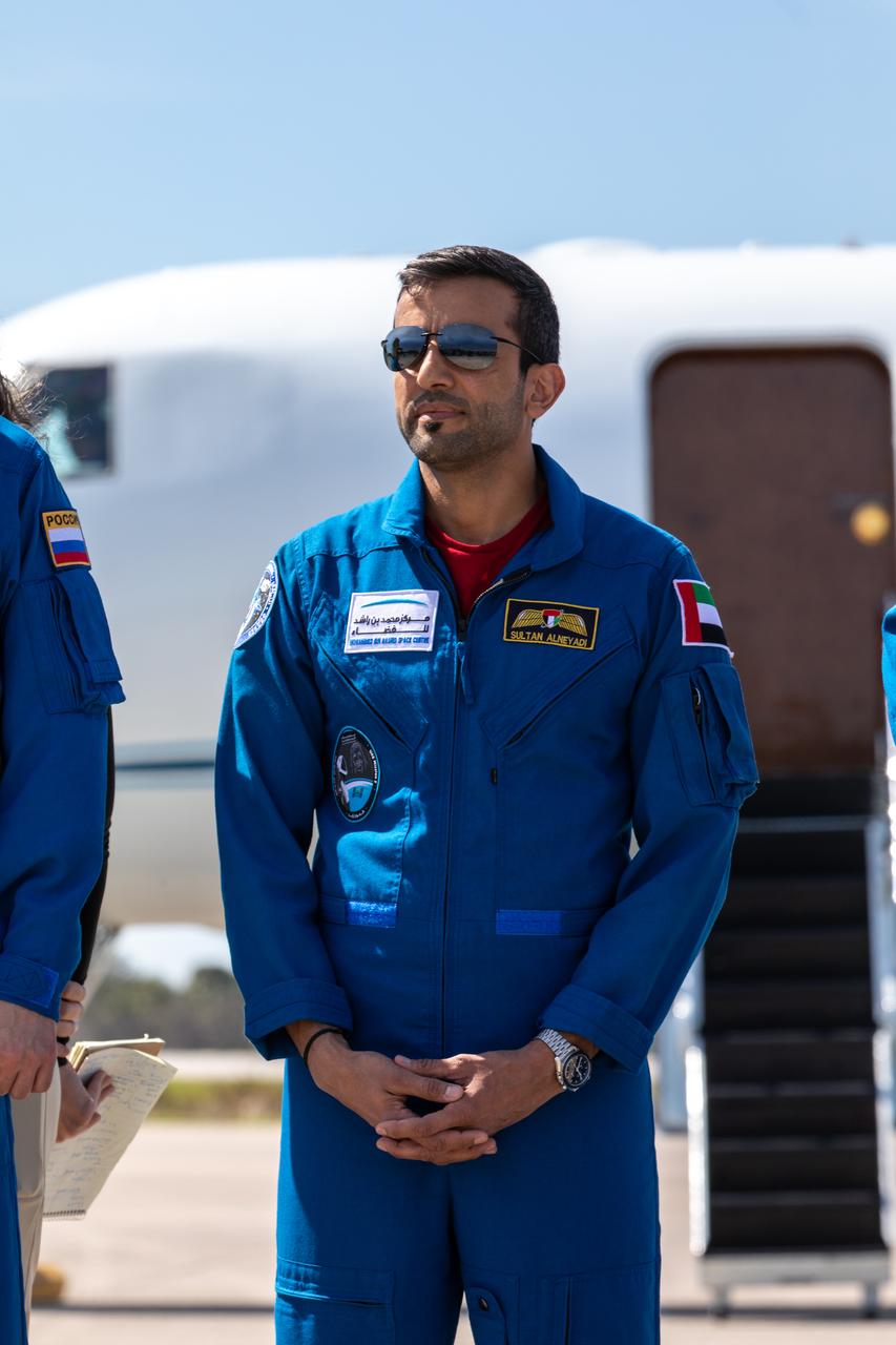 UAE (United Arab Emirates) astronaut Sultan Alneyadi speaks to members of the news media during crew arrival for NASA’s SpaceX Crew-6 mission at Kennedy Space Center’s Launch and Landing Facility in Florida on Feb. 21, 2023. Alneyadi, along with NASA astronauts Stephen Bowen and Warren “Woody” Hoburg, and Roscosmos cosmonaut Andrey Fedyaev will launch to the International Space Station aboard the Crew Dragon on a SpaceX Falcon 9. Launch is targeted for no earlier than Feb. 26 at 2:07 a.m. EST from Launch Complex 39A. Crew-6 is the sixth crew rotation mission with SpaceX to the station, and the seventh flight of Dragon with people as part of the agency’s Commercial Crew Program.