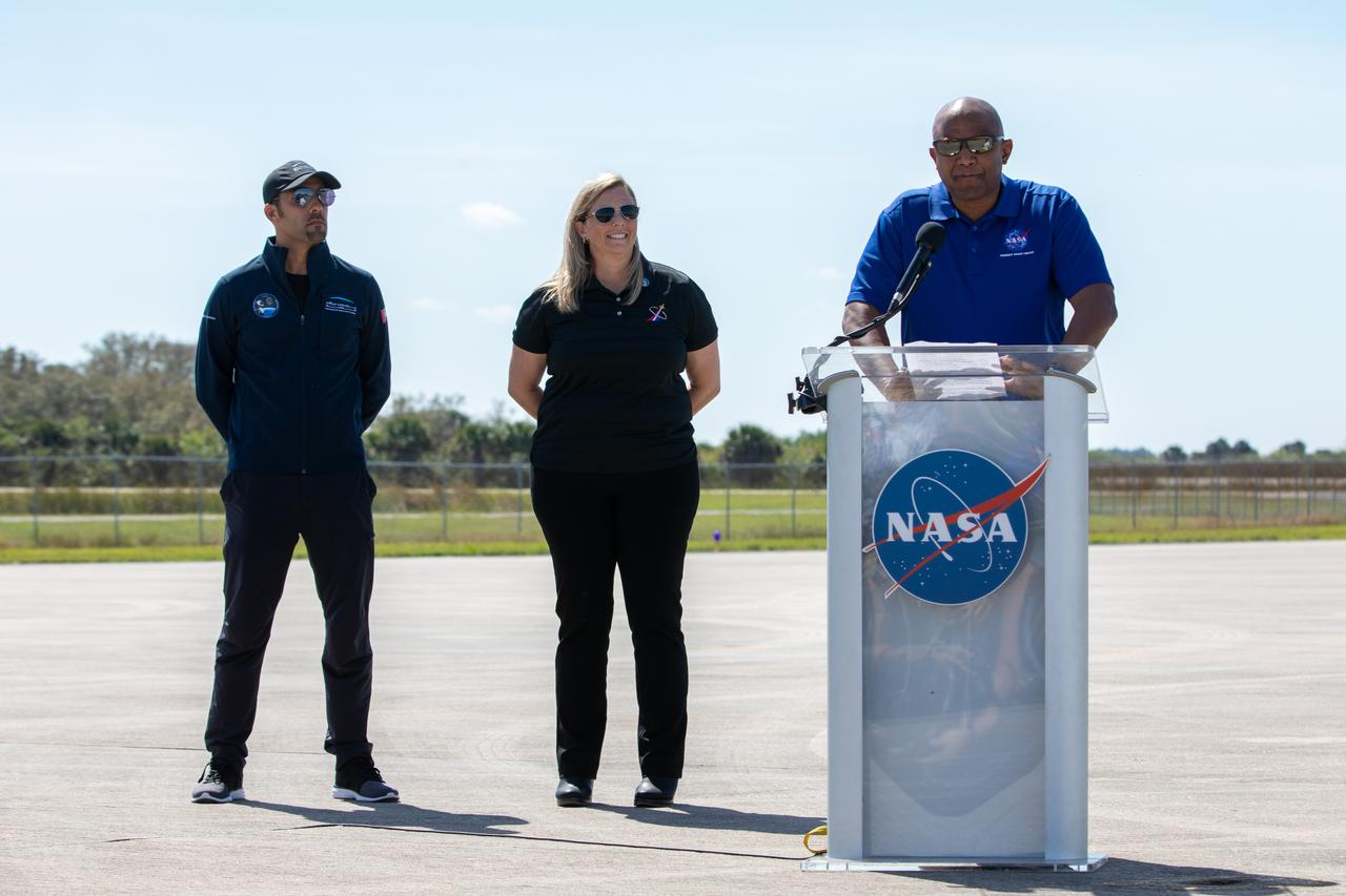 Kennedy Space Center Deputy Director Kelvin Manning speaks to members of the news media during crew arrival for NASA’s SpaceX Crew-6 mission at Kennedy’s Launch and Landing Facility in Florida on Feb. 21, 2023. Behind him, from left, are Salem AlMarri, director general, Mohammed Bin Rashid Space Centre, and Dana Hutcherson, deputy manager, NASA’s Commercial Crew Program. NASA astronauts Stephen Bowen and Warren “Woody” Hoburg, UAE (United Arab Emirates) astronaut Sultan Alneyadi, and Roscosmos cosmonaut Andrey Fedyaev will launch to the International Space Station aboard the Crew Dragon on a SpaceX Falcon 9. Launch is targeted for no earlier than Feb. 26 at 2:07 a.m. EST from Launch Complex 39A. Crew-6 is the sixth crew rotation mission with SpaceX to the station, and the seventh flight of Dragon with people as part of the agency’s Commercial Crew Program. 