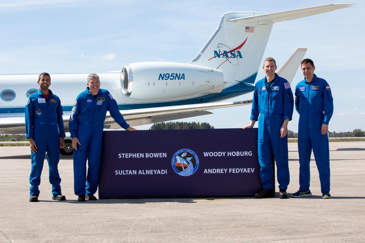 SpaceX Crew-6 astronauts pause for a photograph after arriving at Kennedy Space Center’s Launch and Landing Facility in Florida on Feb. 21, 2023. From left are UAE (United Arab Emirates) astronaut Sultan Alneyadi, NASA astronauts Stephen Bowen and Warren “Woody” Hoburg, and Roscosmos cosmonaut Andrey Fedyaev. The crew will launch to the International Space Station aboard the Crew Dragon on a SpaceX Falcon 9. Launch is targeted for no earlier than Feb. 26 at 2:07 a.m. EST from Launch Complex 39A. Crew-6 is the sixth crew rotation mission with SpaceX to the station, and the seventh flight of Dragon with people as part of the agency’s Commercial Crew Program.