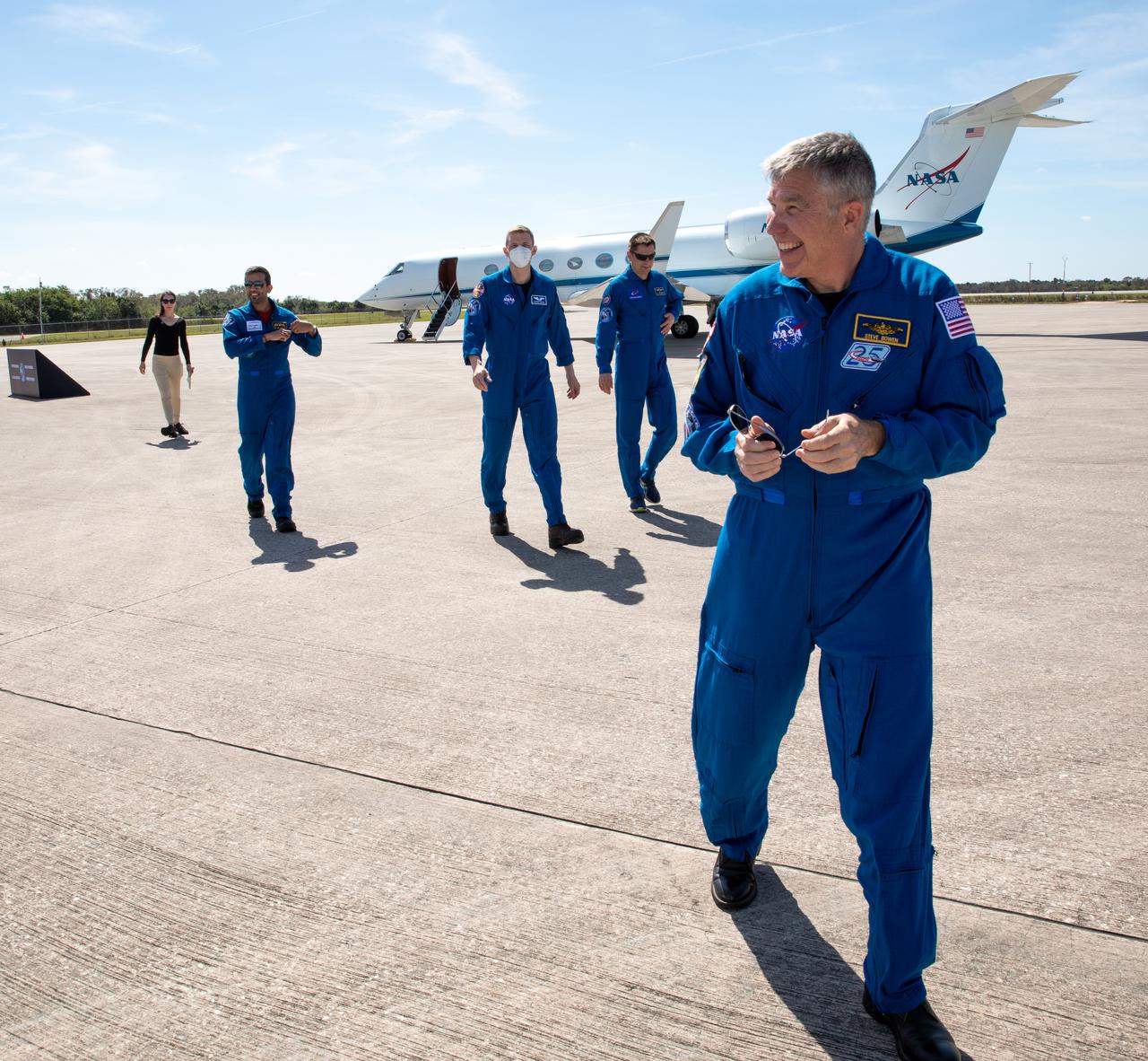 Crew members for NASA’s SpaceX Crew-6 mission to the International Space Station arrive at Kennedy Space Center’s Launch and Landing Facility in Florida on Feb. 21, 2023. In front is NASA astronaut Stephen Bowen, and behind him from left are UAE (United Arab Emirates) astronaut Sultan Alneyadi, NASA astronaut Warren “Woody” Hoburg, and Roscosmos cosmonaut Andrey Fedyaev. The crew will head to the center’s Astronaut Crew Quarters as they await launch aboard the Crew Dragon on a SpaceX Falcon 9 rocket. Launch is targeted for no earlier than Feb. 26 at 2:07 a.m. EST. Crew-6 is the sixth crew rotation mission with SpaceX to the station, and the seventh flight of Dragon with people as part of the agency’s Commercial Crew Program. 