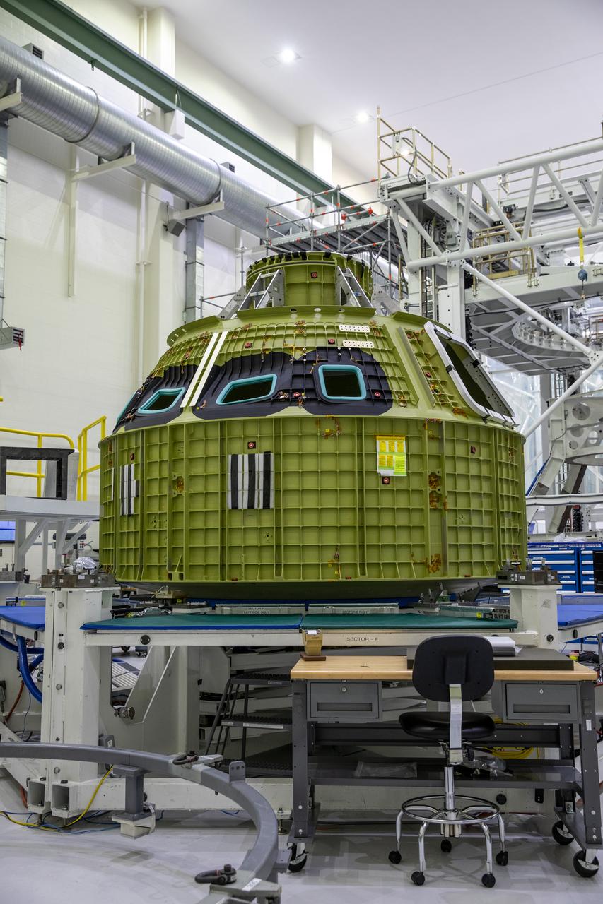 Seen here is the pressure vessel for the Artemis IV mission inside the Neil Armstrong Operations and Checkout Building at NASA’s Kennedy Space Center in Florida on Feb. 21, 2023. The pressure vessel is the underlying structure of the Orion crew module, containing the pressurized atmosphere astronauts will breathe and work in while in the vacuum of deep space. Artemis IV will be the first operational mission to Gateway – an outpost in lunar orbit serving as a staging point for deep space exploration – followed by a week-long surface mission on the Moon. Using Gateway, NASA will develop a long-term presence on the Moon, using this as a steppingstone before venturing on to Mars.