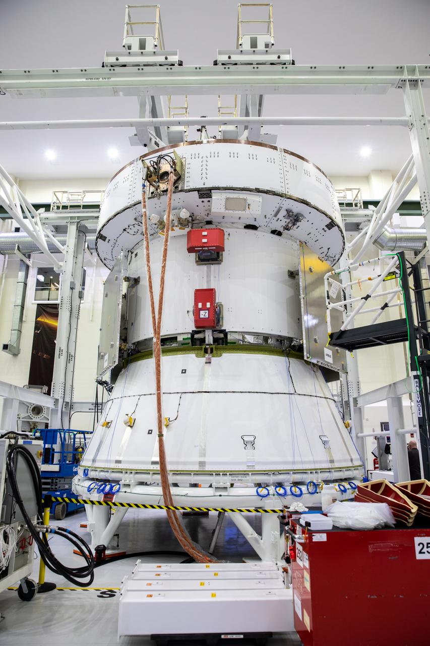 The European Service Module for the Artemis II mission is photographed inside the Neil Armstrong Operations and Checkout Building at NASA’s Kennedy Space Center in Florida on Feb. 21, 2023. Artemis II will be the first crewed flight test of the Space Launch System rocket and Orion spacecraft. The service module will provide the power necessary to propel Orion on a trip around the Moon, including the in-space maneuvering capability and other commodities necessary to sustain crew for the duration of the mission.