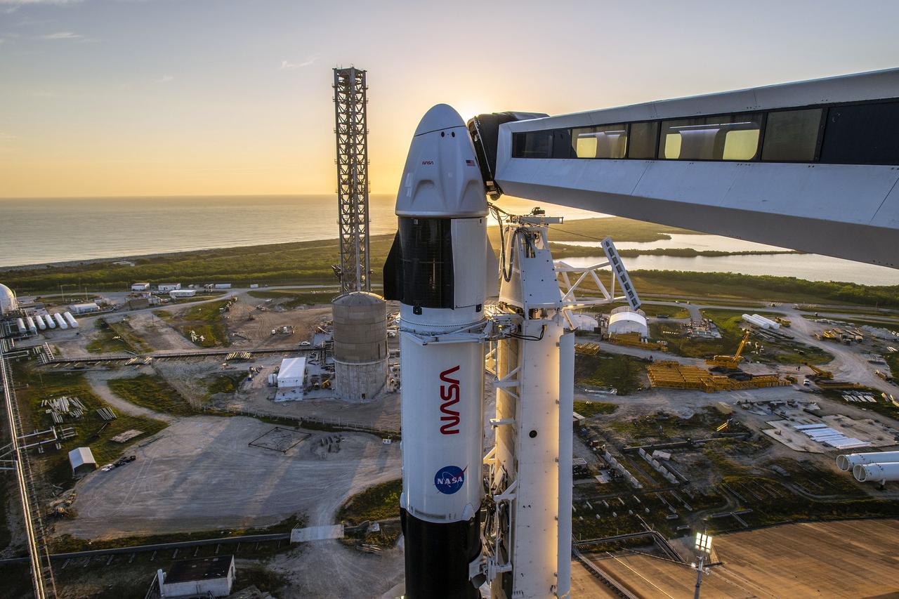 The SpaceX Falcon 9 rocket with Dragon spacecraft Endeavour is secured on the pad at Launch Complex 39A at Kennedy Space Center in Florida on Feb. 22, 2023, for NASA’s SpaceX Crew-6 mission. The crew access arm has been moved into position at the Dragon spacecraft. NASA astronauts Stephen Bowen, spacecraft commander, and Warren “Woody” Hoburg, pilot, along with mission specialists Sultan Alneyadi, UAE (United Arab Emirates) astronaut, and Andrey Fedyaev, Roscosmos cosmonaut, are slated to launch to the International Space Station at 1:45 a.m. EST on Feb. 27 from Launch Complex 39A. Crew-6 is the sixth crew rotation mission with SpaceX to the station, and the seventh flight of Dragon with people as part of the agency’s Commercial Crew Program. 
