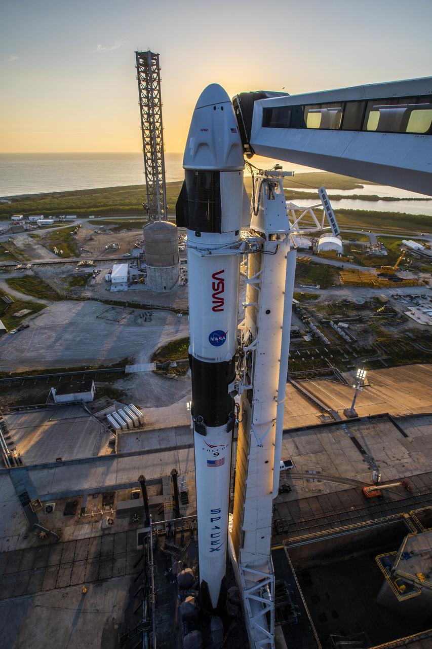 The SpaceX Falcon 9 rocket with Dragon spacecraft Endeavour is secured on the pad at Launch Complex 39A at Kennedy Space Center in Florida on Feb. 22, 2023, for NASA’s SpaceX Crew-6 mission. The crew access arm has been moved into position at the Dragon spacecraft. NASA astronauts Stephen Bowen, spacecraft commander, and Warren “Woody” Hoburg, pilot, along with mission specialists Sultan Alneyadi, UAE (United Arab Emirates) astronaut, and Andrey Fedyaev, Roscosmos cosmonaut, are slated to launch to the International Space Station at 1:45 a.m. EST on Feb. 27 from Launch Complex 39A. Crew-6 is the sixth crew rotation mission with SpaceX to the station, and the seventh flight of Dragon with people as part of the agency’s Commercial Crew Program. 
