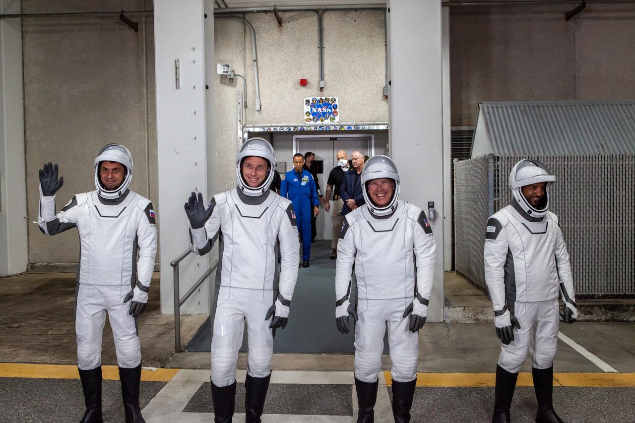 NASA’s SpaceX Crew-6 astronauts walk out of the Neil Armstrong Operations and Checkout Building at the agency’s Kennedy Space Center in Florida during a countdown dress rehearsal on Feb. 23, 2023, to prepare for the upcoming Crew-6 launch. From left are Andrey Fedyaev, Roscosmos cosmonaut and mission specialist; NASA astronaut Warren “Woody” Hoburg, pilot; NASA astronaut Stephen Bowen, spacecraft commander; and Sultan Alneyadi, UAE (United Arab Emirates) astronaut and mission specialist. The crew will launch to the International Space Station aboard the Crew Dragon Endeavour on a SpaceX Falcon 9. Launch is targeted for 1:45 a.m. EST on Feb. 27 from Launch Complex 39A. Crew-6 is the sixth crew rotation mission with SpaceX to the station, and the seventh flight of Dragon with people as part of the agency’s Commercial Crew Program. 