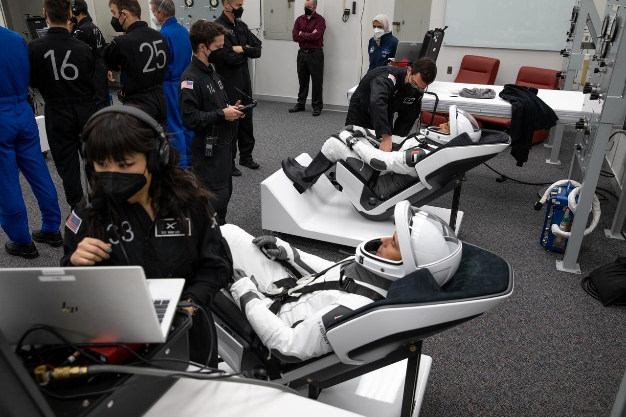 NASA’s SpaceX Crew-6 astronauts are seated inside the crew suit-up room in the Neil Armstrong Operations and Checkout Building at the agency’s Kennedy Space Center in Florida during a countdown dress rehearsal on Feb. 23, 2023, to prepare for the upcoming Crew-6 launch. Seated from left are Sultan Alneyadi, UAE (United Arab Emirates) astronaut and mission specialist; and Andrey Fedyaev, Roscosmos cosmonaut and mission specialist. The crew will launch to the International Space Station aboard the Crew Dragon Endeavour on a SpaceX Falcon 9. Launch is targeted for 1:45 a.m. EST on Feb. 27 from Launch Complex 39A. Crew-6 is the sixth crew rotation mission with SpaceX to the station, and the seventh flight of Dragon with people as part of the agency’s Commercial Crew Program.