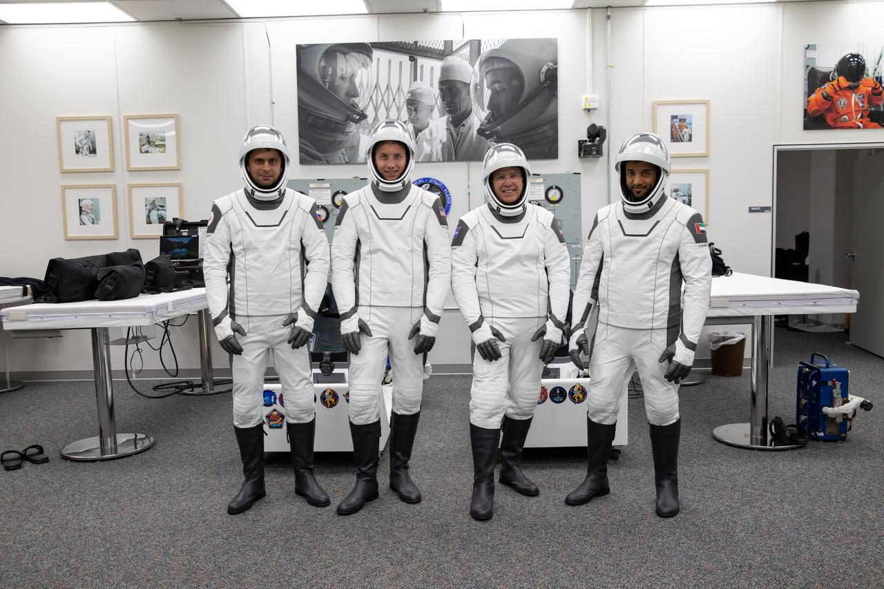 NASA’s SpaceX Crew-6 astronauts, in their SpaceX spacesuits, are inside the crew suit-up room in the Neil Armstrong Operations and Checkout Building at the agency’s Kennedy Space Center in Florida during a countdown dress rehearsal on Feb. 23, 2023, to prepare for the upcoming Crew-6 launch. Standing from left are Andrey Fedyaev, Roscosmos cosmonaut and mission specialist; NASA astronaut Warren “Woody” Hoburg, pilot; NASA astronaut Stephen Bowen, spacecraft commander; and Sultan Alneyadi, UAE (United Arab Emirates) astronaut and mission specialist. The crew will launch to the International Space Station aboard the Crew Dragon Endeavour on a SpaceX Falcon 9. Launch is targeted for 1:45 a.m. EST on Feb. 27 from Launch Complex 39A. Crew-6 is the sixth crew rotation mission with SpaceX to the station, and the seventh flight of Dragon with people as part of the agency’s Commercial Crew Program.