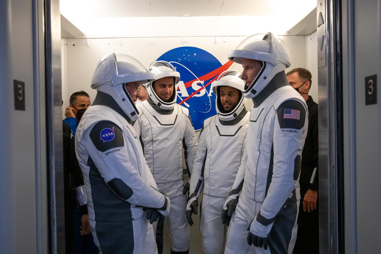 NASA’s SpaceX Crew-6 astronauts are in the elevator after exiting the crew suit-up room inside the Neil Armstrong Operations and Checkout Building during a countdown dress rehearsal at the agency’s Kennedy Space Center in Florida on Feb. 23, 2023, to prepare for the upcoming Crew-6 launch. In front, from left are NASA astronaut Stephen Bowen, commander; and NASA astronaut Warren “Woody” Hoburg, pilot. Behind them, from left are Andrey Fedyaev, Roscosmos cosmonaut and mission specialist; and Sultan Alneyadi, UAE (United Arab Emirates) astronaut and mission specialist. The Crew-6 astronauts will launch to the International Space Station aboard the Crew Dragon Endeavour on a SpaceX Falcon 9. Launch is targeted for 1:45 a.m. EST on Feb. 27 from Launch Complex 39A. Crew-6 is the sixth crew rotation mission with SpaceX to the station, and the seventh flight of Dragon with people as part of the agency’s Commercial Crew Program. 