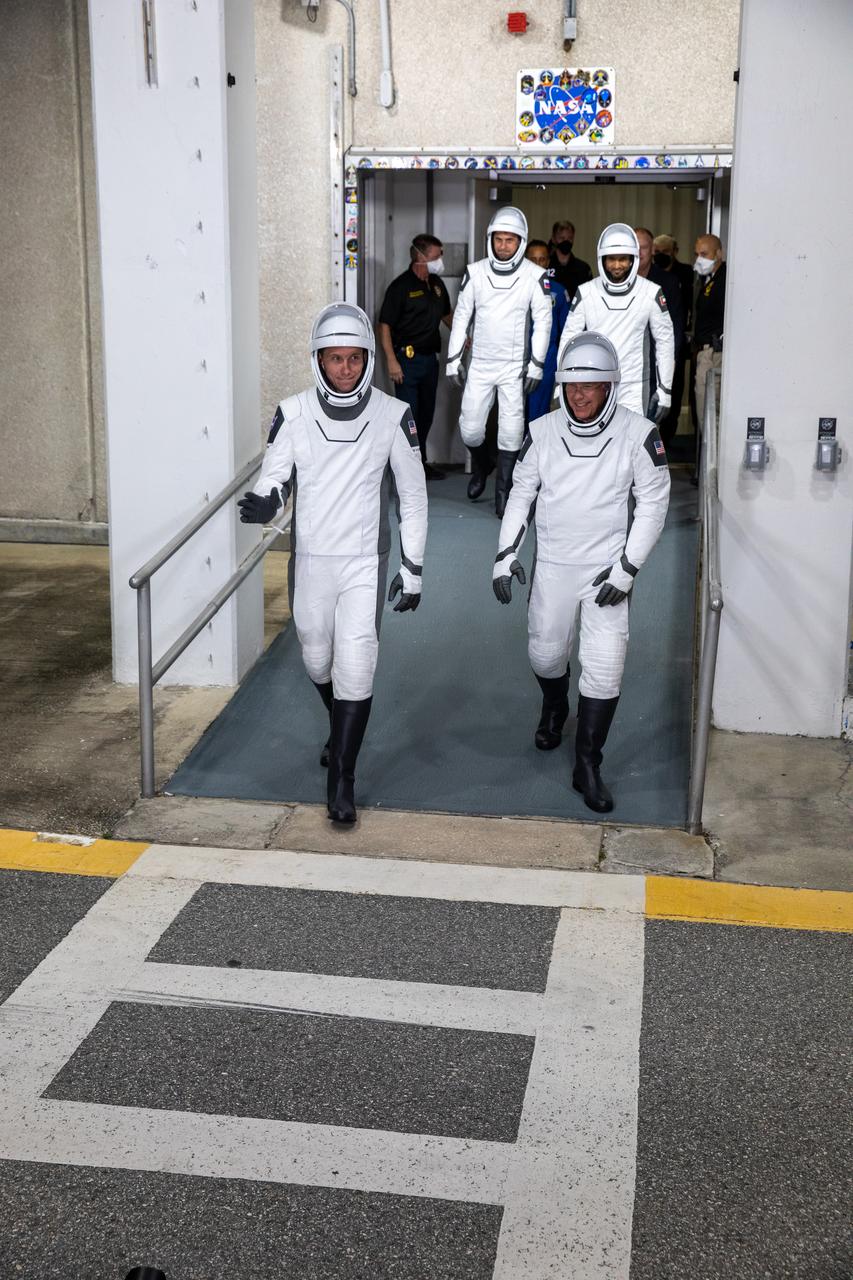 NASA’s SpaceX Crew-6 astronauts walk out of the Neil Armstrong Operations and Checkout Building at the agency’s Kennedy Space Center in Florida during a countdown dress rehearsal on Feb. 23, 2023, to prepare for the upcoming Crew-6 launch. In front, from left are NASA astronaut Warren “Woody” Hoburg, pilot; and NASA astronaut Stephen Bowen, spacecraft commander. Behind them, from left are Andrey Fedyaev, Roscosmos cosmonaut and mission specialist; and Sultan Alneyadi, UAE (United Arab Emirates) astronaut and mission specialist. The crew will launch to the International Space Station aboard the Crew Dragon Endeavour on a SpaceX Falcon 9. Launch is targeted for 1:45 a.m. EST on Feb. 27 from Launch Complex 39A. Crew-6 is the sixth crew rotation mission with SpaceX to the station, and the seventh flight of Dragon with people as part of the agency’s Commercial Crew Program. 