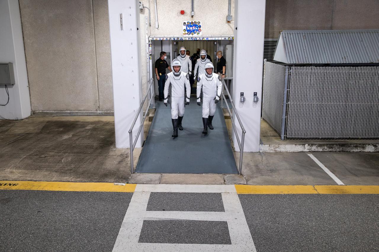 NASA’s SpaceX Crew-6 astronauts walk out of the Neil Armstrong Operations and Checkout Building at the agency’s Kennedy Space Center in Florida during a countdown dress rehearsal on Feb. 23, 2023, to prepare for the upcoming Crew-6 launch. In front, from left are NASA astronaut Warren “Woody” Hoburg, pilot; and NASA astronaut Stephen Bowen, spacecraft commander. Behind them, from left are Andrey Fedyaev, Roscosmos cosmonaut and mission specialist; and Sultan Alneyadi, UAE (United Arab Emirates) astronaut and mission specialist. The crew will launch to the International Space Station aboard the Crew Dragon Endeavour on a SpaceX Falcon 9. Launch is targeted for 1:45 a.m. EST on Feb. 27 from Launch Complex 39A. Crew-6 is the sixth crew rotation mission with SpaceX to the station, and the seventh flight of Dragon with people as part of the agency’s Commercial Crew Program. 