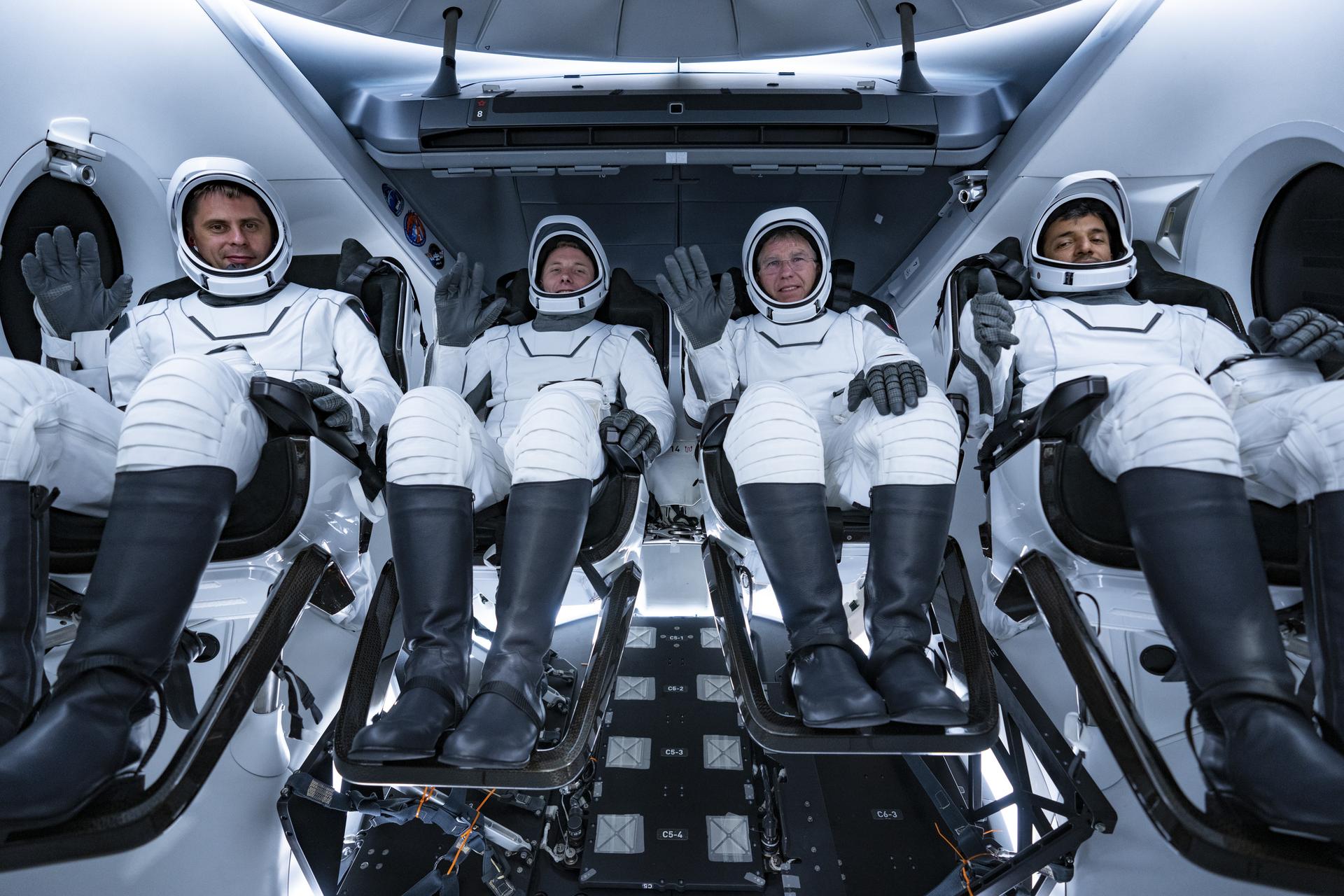 8NASA’s SpaceX Crew-6 astronauts participate in a countdown dress rehearsal at the agency’s Kennedy Space Center in Florida on Feb. 23, 2023, to prepare for the upcoming Crew-6 launch. Seated inside the Dragon spacecraft Endeavour at Launch Complex 39A from left are Andrey Fedyaev, Roscosmos cosmonaut and mission specialist; NASA astronaut Warren “Woody” Hoburg, pilot; NASA astronaut Stephen Bowen, spacecraft commander; and Sultan Alneyadi, UAE (United Arab Emirates) astronaut and mission specialist. The Crew-6 astronauts will launch to the International Space Station aboard the Crew Dragon Endeavour on a SpaceX Falcon 9. Launch is targeted for 1:45 a.m. EST on Feb. 27 from Launch Complex 39A. Crew-6 is the sixth crew rotation mission with SpaceX to the station, and the seventh flight of Dragon with people as part of the agency’s Commercial Crew Program.