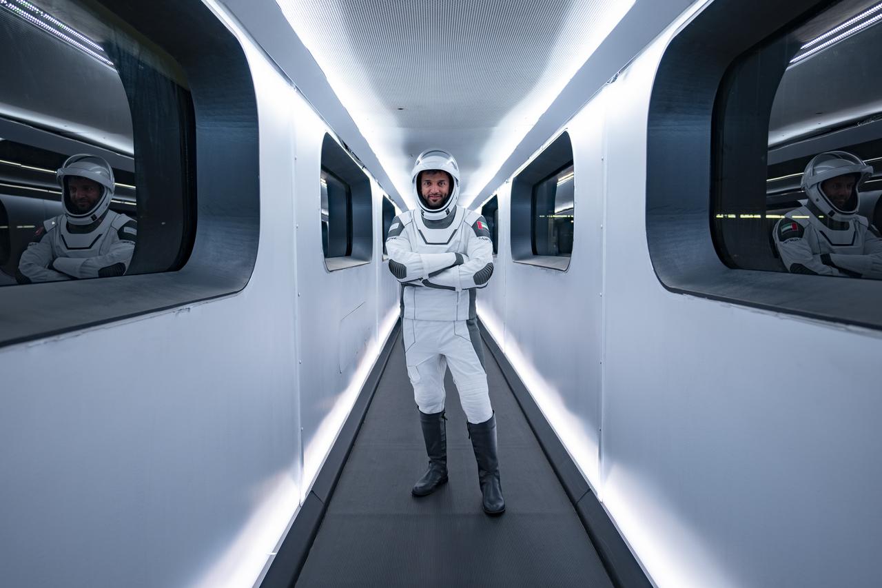 NASA SpaceX Crew-6 astronaut and mission specialist Sultan Alneyadi, UAE (United Arab Emirates), stands inside the crew access arm leading to the SpaceX Dragon spacecraft Endeavour during a countdown dress rehearsal at NASA’s Kennedy Space Center in Florida on Feb. 23, 2023. Alnayadi, along with NASA astronaut Warren “Woody” Hoburg, pilot; NASA astronaut Stephen Bowen, spacecraft commander; and ndrei Fedyaev, Roscosmos cosmonaut and mission specialist will launch to the International Space Station aboard the Crew Dragon Endeavour on a SpaceX Falcon 9. Launch is targeted for 1:45 a.m. EST on Feb. 27 from Launch Complex 39A. Crew-6 is the sixth crew rotation mission with SpaceX to the station, and the seventh flight of Dragon with people as part of the agency’s Commercial Crew Program.