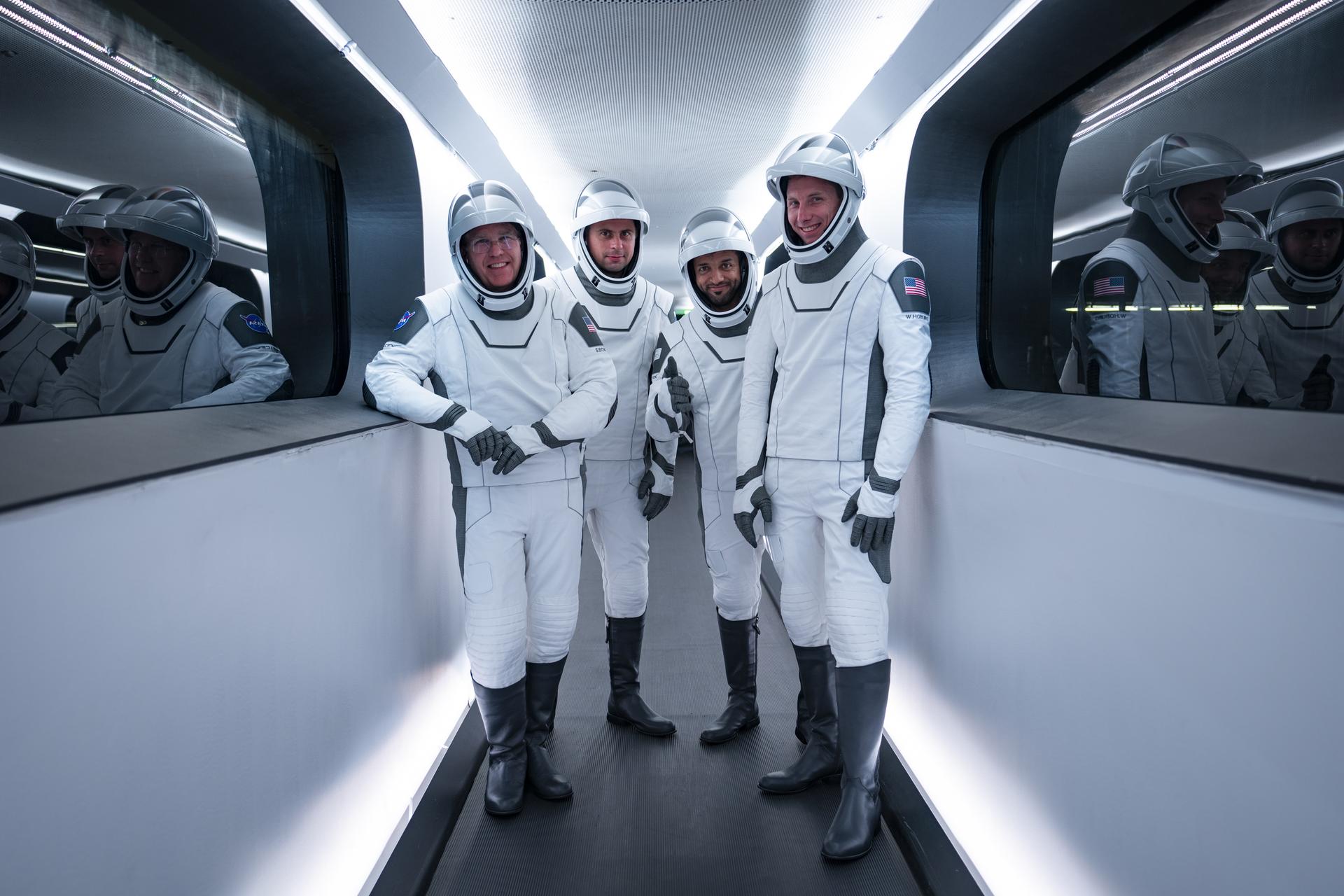 NASA SpaceX Crew-6 astronauts stand inside the crew access arm leading to the SpaceX Dragon spacecraft Endeavour during a countdown dress rehearsal at NASA’s Kennedy Space Center in Florida on Feb. 23, 2023. From left are NASA astronaut Stephen Bowen, spacecraft commander; Andrey Fedyaev, Roscosmos cosmonaut and mission specialist; Sultan Alneyadi, UAE (United Arab Emirates) astronaut and mission specialist; and NASA astronaut Warren “Woody” Hoburg, pilot. The Crew-6 astronauts will launch to the International Space Station aboard the Crew Dragon Endeavour on a SpaceX Falcon 9. Launch is targeted for 1:45 a.m. EST on Feb. 27 from Launch Complex 39A. Crew-6 is the sixth crew rotation mission with SpaceX to the station, and the seventh flight of Dragon with people as part of the agency’s Commercial Crew Program.