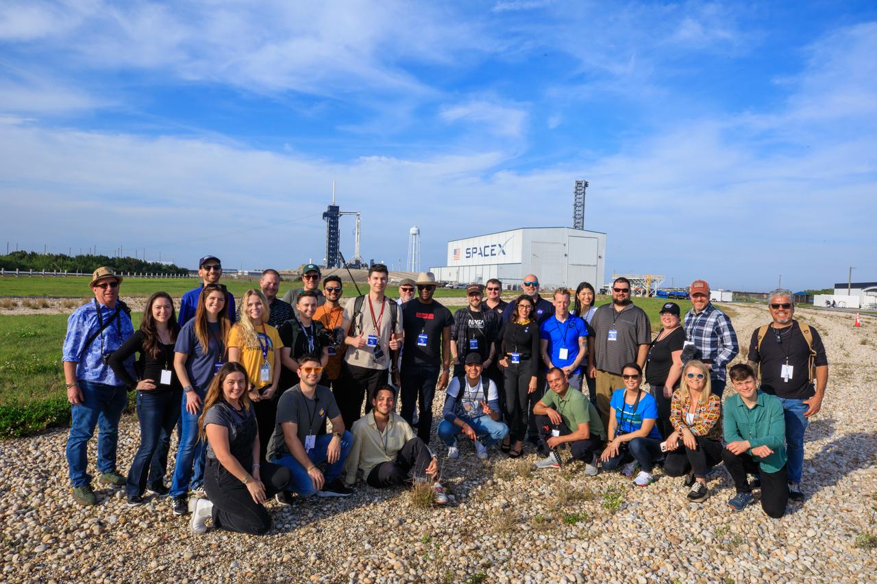 Digital content creators pause for a group photo on the crawlerway leading to Launch Complex 39A at NASA’s Kennedy Space Center in Florida during a NASA Social event on Feb. 24, 2023 for the SpaceX Crew-6 launch. The SpaceX Falcon 9 rocket, carrying the Dragon spacecraft Endeavour for NASA’s Crew-6 mission to the International Space Station lifted off at 12:34 a.m. EST on March 2, 2023, carrying NASA astronauts Stephen Bowen, spacecraft commander, and Warren Hoburg, pilot, along with mission specialists Sultan Alneyadi, UAE (United Arab Emirates) astronaut, and Andrey Fedyaev, Roscosmos cosmonaut. Crew-6 was the sixth crew rotation mission with SpaceX to the station, and the seventh flight of Dragon with people as part of the agency’s Commercial Crew Program.
