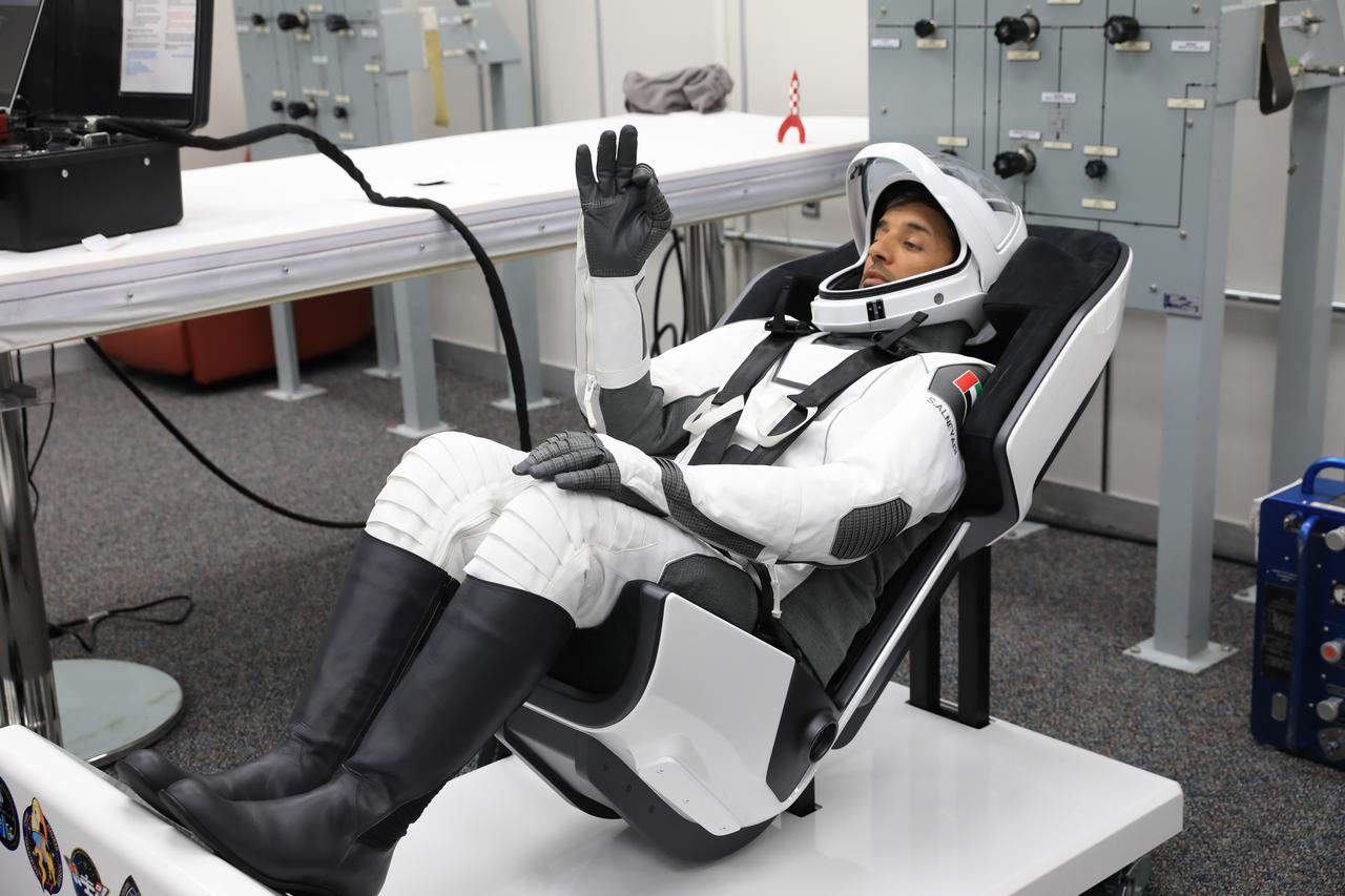 NASA’s SpaceX Crew-6 crewmember Sultan Alneyadi, UAE (United Arab Emirates) astronaut and mission specialist, checks his SpaceX spacesuit in the crew suit-up room inside the Neil Armstrong Operations and Checkout Building at NASA’s Kennedy Space Center in Florida on Feb. 26, 2023. Alneyadi and his crewmates are preparing for their launch to the International Space Station aboard SpaceX’s Dragon spacecraft atop the Falcon 9 rocket. Launch was targeted for 1:45 a.m. EST on Feb. 27 from Launch Complex 39A, but was scrubbed for the day. Crew-6 is the sixth crew rotation mission with SpaceX to the station, and the seventh flight of Dragon with people as part of the agency’s Commercial Crew Program. 