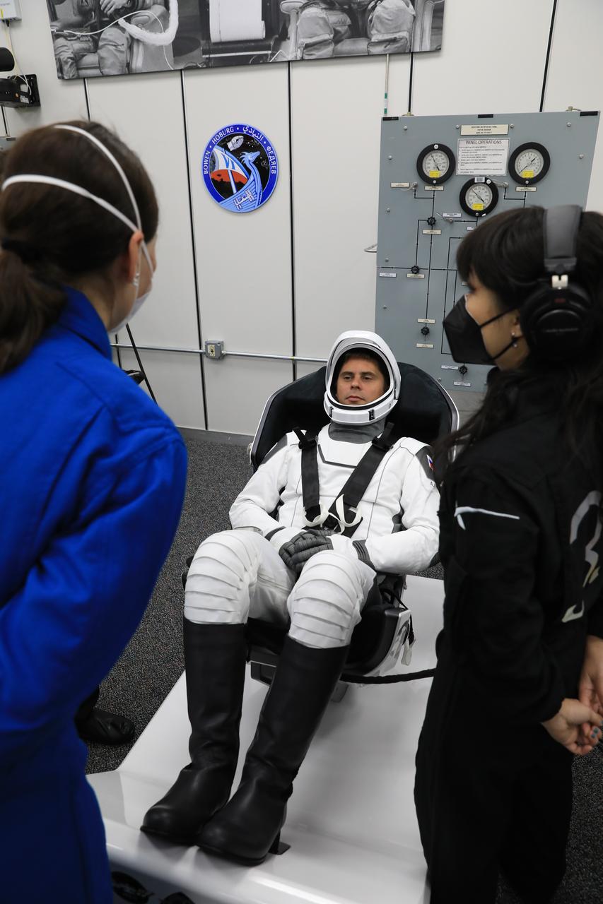 NASA’s SpaceX Crew-6 crewmember Andrey Fedyaev, Roscosmos cosmonaut and mission specialist, checks his SpaceX spacesuit in the crew suit-up room inside the Neil Armstrong Operations and Checkout Building at NASA’s Kennedy Space Center in Florida on Feb. 26, 2023. Fedyaev and his crewmates are preparing for their launch to the International Space Station aboard SpaceX’s Dragon spacecraft atop the Falcon 9 rocket. Launch was targeted for 1:45 a.m. EST on Feb. 27 from Launch Complex 39A, but was scrubbed for the day. Crew-6 is the sixth crew rotation mission with SpaceX to the station, and the seventh flight of Dragon with people as part of the agency’s Commercial Crew Program. 