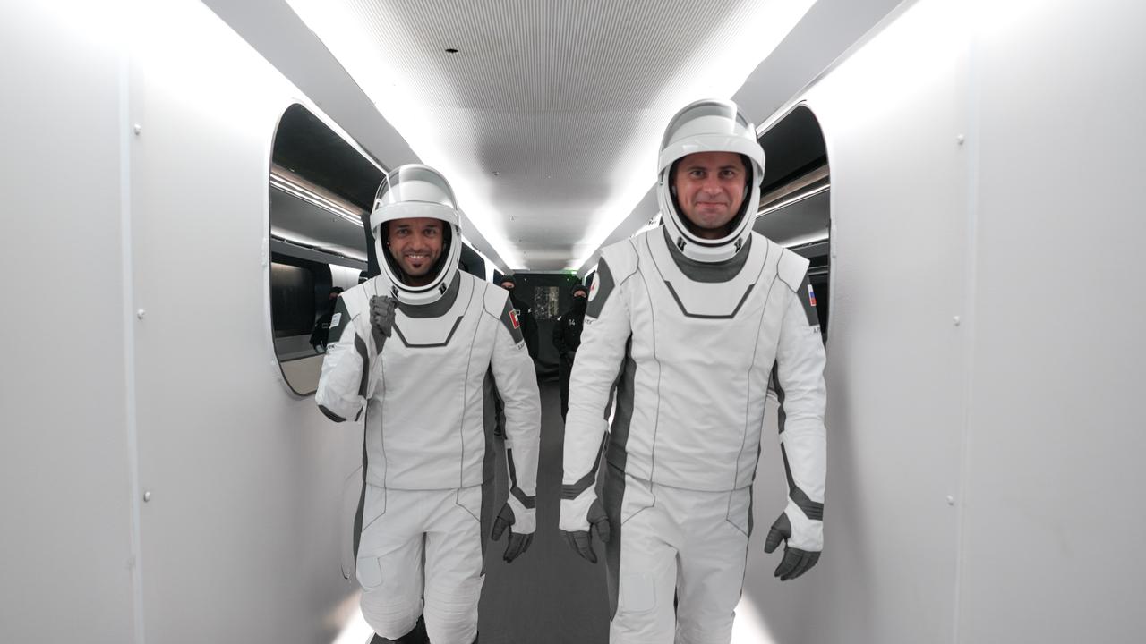 NASA’s SpaceX Crew-6 astronauts make their way down the crew access arm to the Dragon spacecraft Endeavour. From left are Sultan Alneyadi, UAE (United Arab Emirates) astronaut and mission specialist; and Andrey Fedyaev, Roscosmos cosmonaut and mission specialist. Along with Stephen Bowen, spacecraft commander; and Warren “Woody” Hoburg, pilot, they will launch to the International Space Station aboard the Crew Dragon Endeavour on a SpaceX Falcon 9. Launch was targeted for 1:45 a.m. EST on Feb. 27 from Launch Complex 39A, but was scrubbed for the day. Crew-6 is the sixth crew rotation mission with SpaceX to the station, and the seventh flight of Dragon with people as part of the agency’s Commercial Crew Program. 