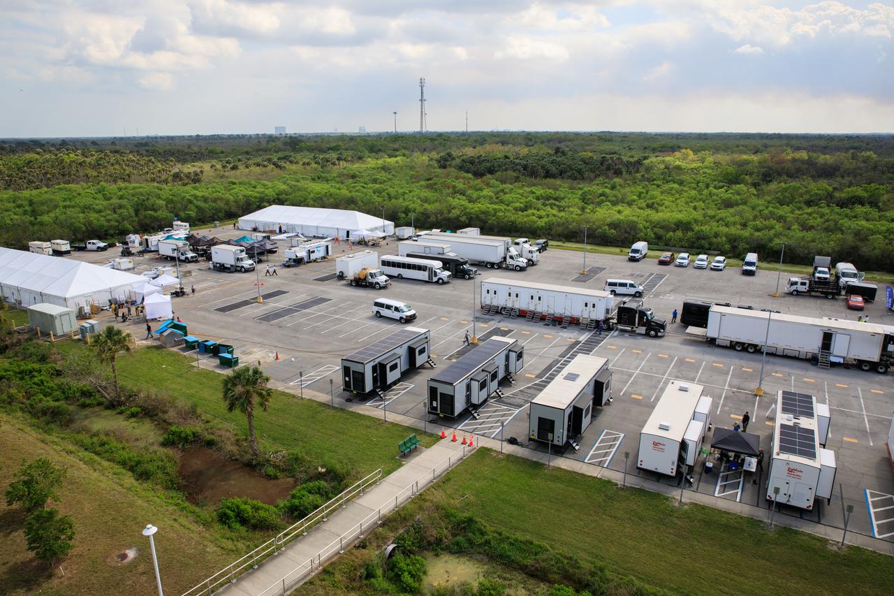 A major motion picture is being filmed in February 2023 at NASA’s Kennedy Space Center in Florida. In view is Base Camp #1 in the Launch Complex 39 area that includes support buildings for the film project.