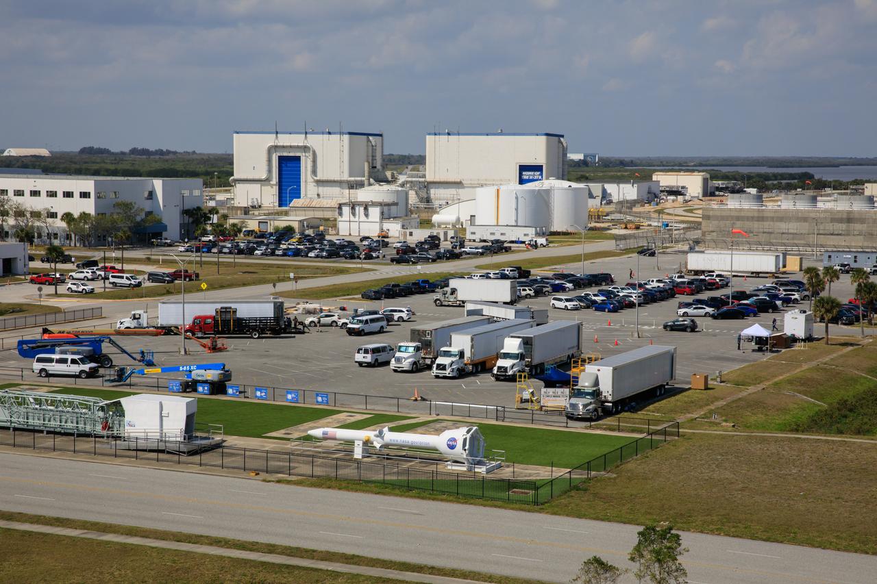 A major motion picture is being filmed in February 2023 at NASA’s Kennedy Space Center in Florida. In view are some of the support vehicles in use for the film project in the Launch Complex 39 area.