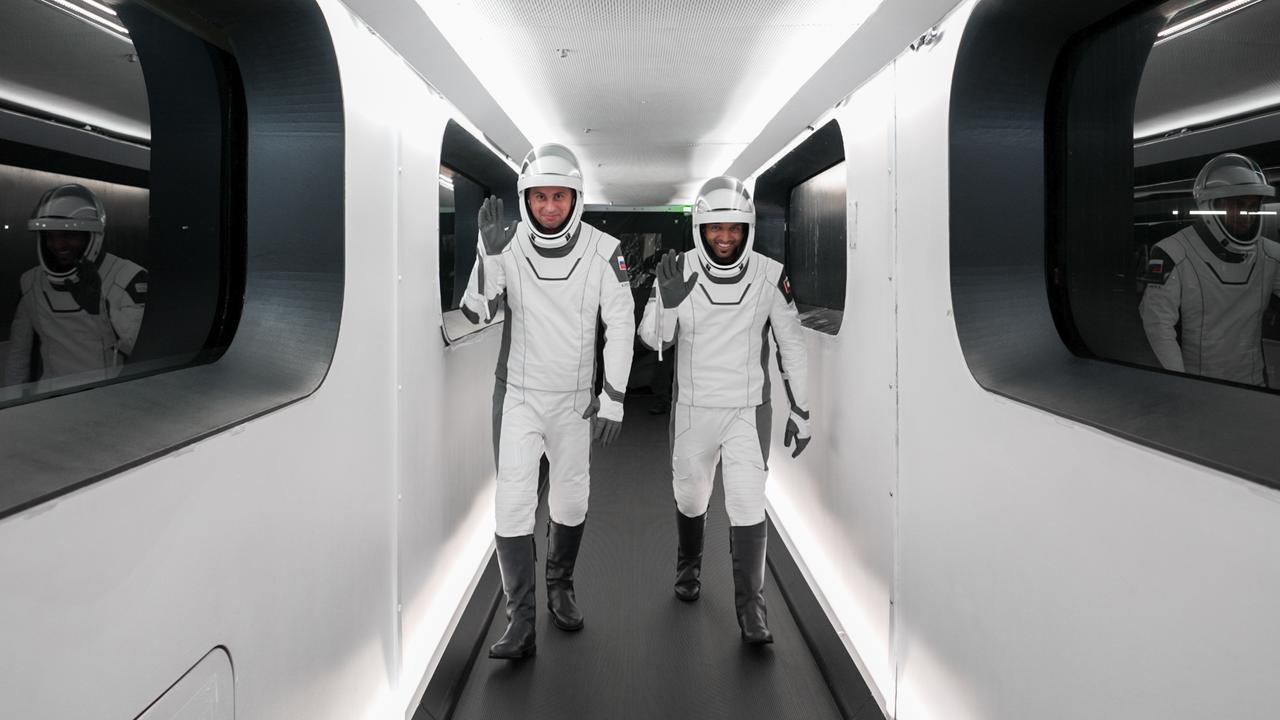 NASA’s SpaceX Crew-6 astronauts make their way down the crew access arm to the Dragon spacecraft Endeavour. From left are Sultan Alneyadi, UAE (United Arab Emirates) astronaut and mission specialist; and Andrey Fedyaev, Roscosmos cosmonaut and mission specialist. Along with Stephen Bowen, spacecraft commander; and Warren Hoburg, pilot, they will launch to the International Space Station aboard the Crew Dragon Endeavour on a SpaceX Falcon 9. Launch is targeted for 12:34 a.m. EST on March 2 from Launch Complex 39A. Crew-6 is the sixth crew rotation mission with SpaceX to the station, and the seventh flight of Dragon with people as part of the agency’s Commercial Crew Program. 