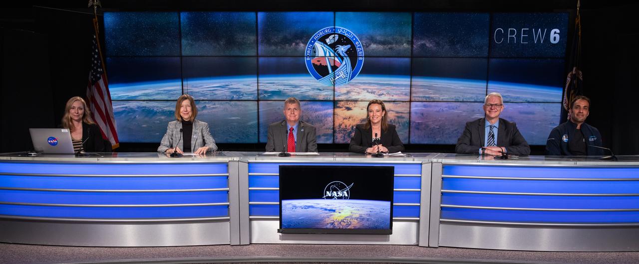 A postlaunch news conference is held for the SpaceX Crew-6 mission at the NASA News Center at Kennedy Space Center in Florida on March 2, 2023. Participants from left are Lori Bleacher, moderator, NASA Communications; Kathy Lueders, associate administrator, Space Operations Mission Directorate, NASA Headquarters; Steve Stich, manager, Commercial Crew Program, Kennedy Space Center; Dina Contella, operations integration manager, International Space Station Program, NASA’s Johnson Space Center in Houston; Benji Reed, senior director, Human Spaceflight Program, SpaceX; and Salem AlMarri, director general, Mohammed Bin Rashid Space Centre The SpaceX Falcon 9 rocket, carrying the Dragon spacecraft Endeavour for NASA’s Crew-6 mission to the International Space Station lifted off at 12:34 a.m. EST from Launch Complex 39A. Aboard Dragon are NASA astronauts Stephen Bowen, spacecraft commander, and Warren Hoburg, pilot, along with mission specialists Sultan Alneyadi, UAE (United Arab Emirates) astronaut, and Andrey Fedyaev, Roscosmos cosmonaut. Crew-6 is the sixth crew rotation mission with SpaceX to the station, and the seventh flight of Dragon with people as part of the agency’s Commercial Crew Program.