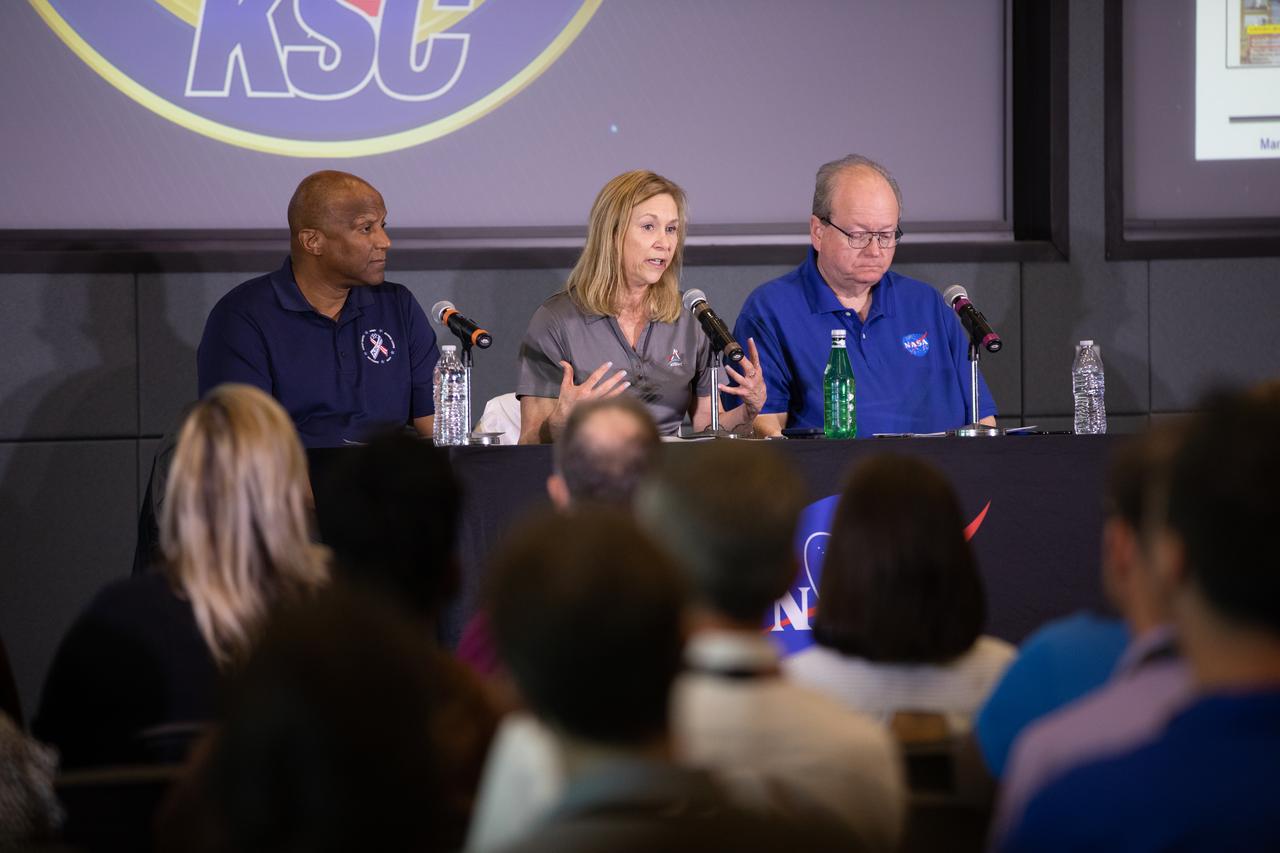 From left, NASA’s Kennedy Space Center Deputy Director Kelvin Manning, Director Janet Petro, and Associate Director, Management Burt Summerfield participate in an employee Town Hall at the Florida spaceport on March 13, 2023. The senior leaders discussed key accomplishments and goals of the center, as well as answered questions from the Kennedy workforce.