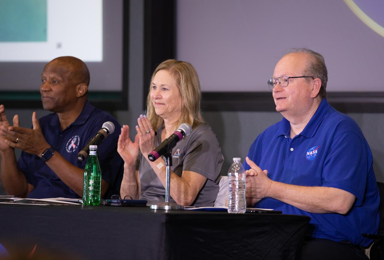 From left, NASA’s Kennedy Space Center Deputy Director Kelvin Manning, Director Janet Petro, and Associate Director, Management Burt Summerfield participate in an employee Town Hall at the Florida spaceport on March 13, 2023. The senior leaders discussed key accomplishments and goals of the center, as well as answered questions from the Kennedy workforce.