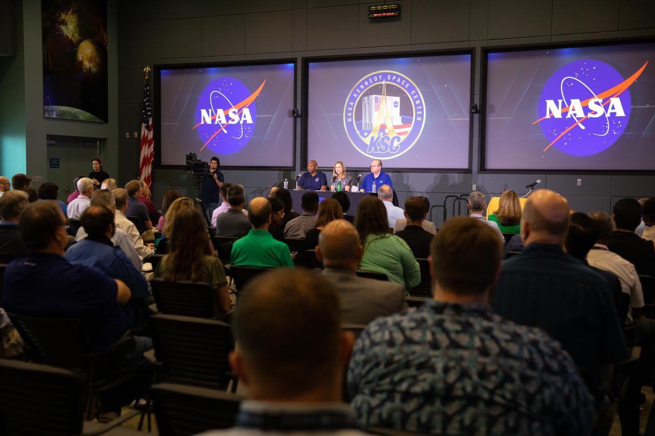 From left, NASA’s Kennedy Space Center Deputy Director Kelvin Manning, Director Janet Petro, and Associate Director, Management Burt Summerfield participate in an employee Town Hall event at the Florida spaceport on March 13, 2023. The senior leaders discussed key accomplishments and goals of the center, as well as answered questions from the Kennedy workforce.