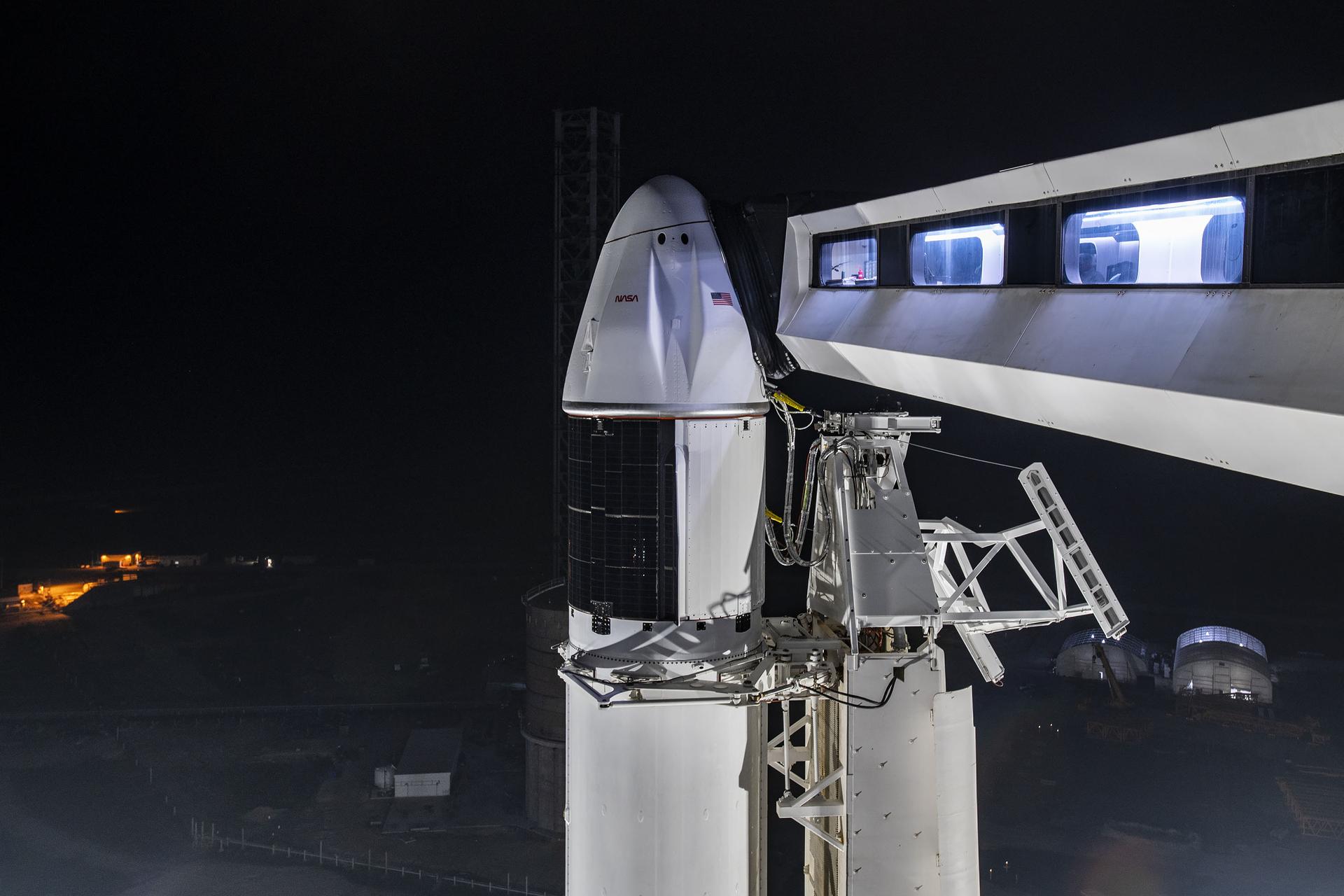 A closeup view of SpaceX's cargo Dragon spacecraft on the launch pad at Kennedy Space Center.