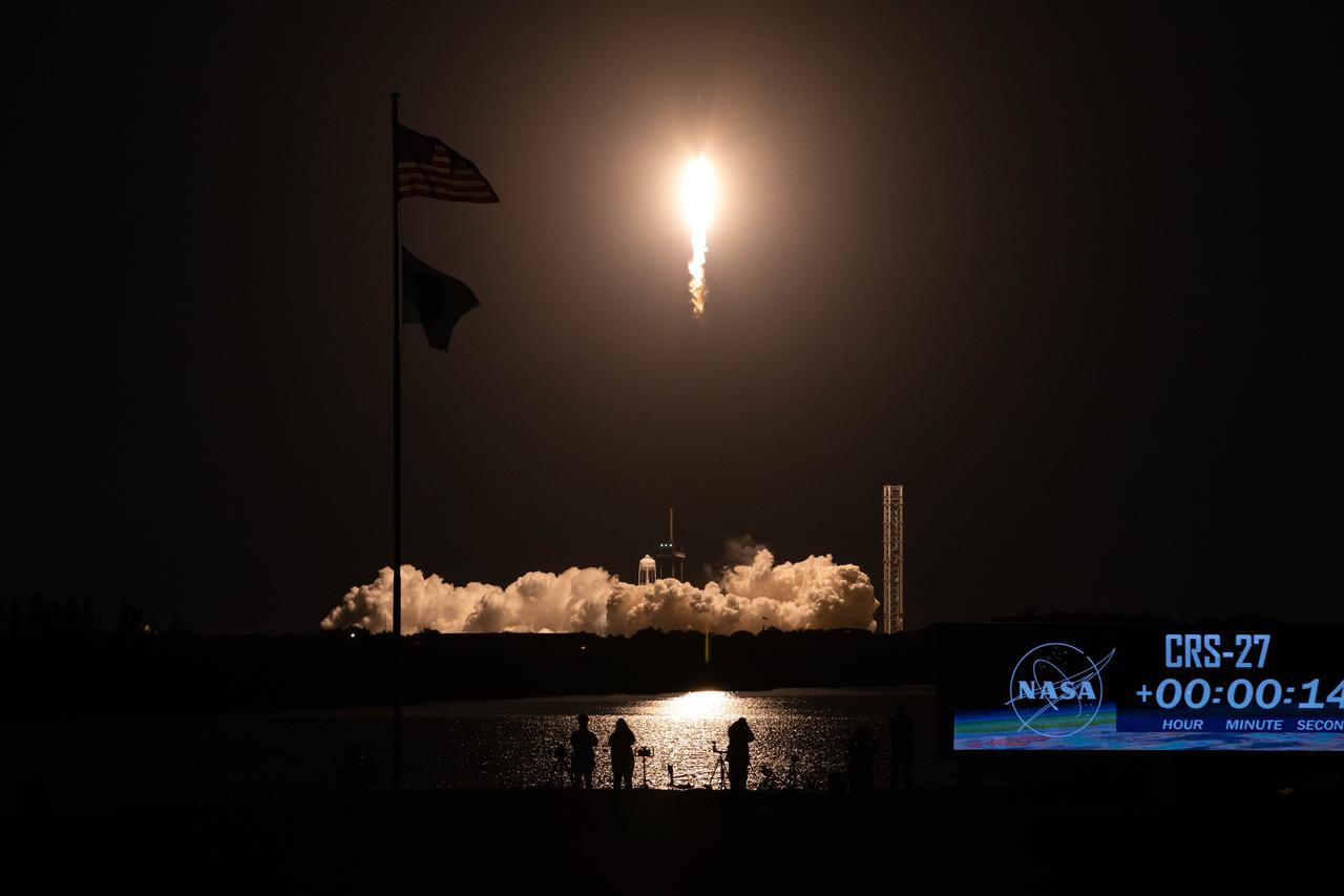 A SpaceX Falcon 9 rocket soars upward after its liftoff from Launch Complex 39A at NASA’s Kennedy Space Center in Florida on March 14, 2023, on the company’s 27th Commercial Resupply Services mission for the agency to the International Space Station. Liftoff was at 8:30 p.m. EDT. The Dragon spacecraft will deliver more than 6,000 pounds of science and research, supplies, and equipment to the crew aboard the space station, including the final two experiments comprising the National Institutes for Health and International Space Station National Laboratory’s Tissue Chips in Space initiative, Cardinal Heart 2.0 and Engineered Heart Tissues-2. The spacecraft is expected to spend about a month attached to the orbiting outpost before it returns to Earth with research and return cargo, splashing down off the coast of Florida.