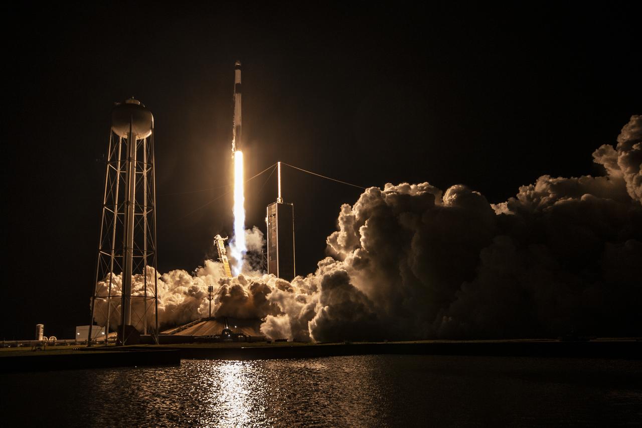A SpaceX Falcon 9 rocket soars upward after its liftoff from Launch Complex 39A at NASA’s Kennedy Space Center in Florida on March 14, 2023, on the company’s 27th Commercial Resupply Services mission for the agency to the International Space Station. Liftoff was at 8:30 p.m. EDT. The Dragon spacecraft will deliver more than 6,000 pounds of science and research, supplies, and equipment to the crew aboard the space station, including the final two experiments comprising the National Institutes for Health and International Space Station National Laboratory’s Tissue Chips in Space initiative, Cardinal Heart 2.0 and Engineered Heart Tissues-2. The spacecraft is expected to spend about a month attached to the orbiting outpost before it returns to Earth with research and return cargo, splashing down off the coast of Florida. 