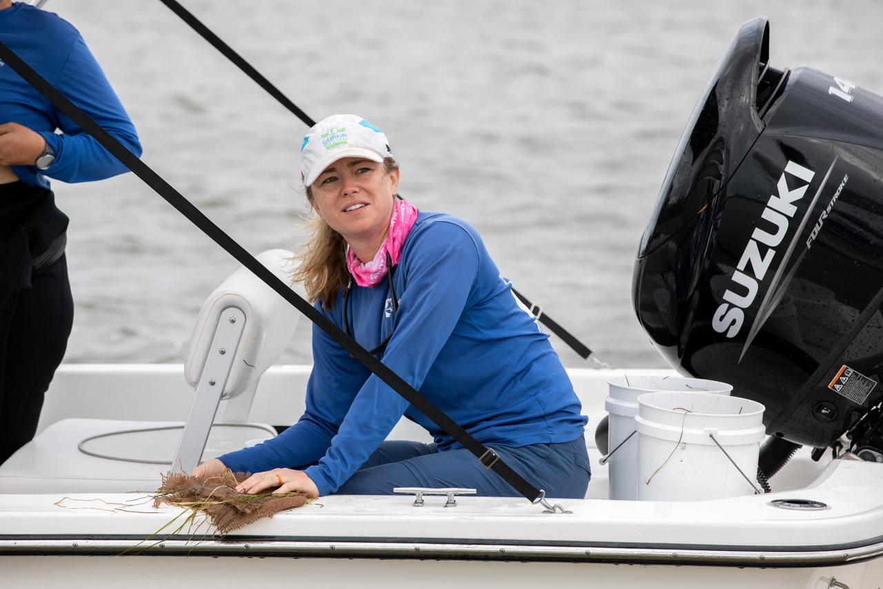 Lorae Simpson, director of research and conservation with the Florida Oceanographic Society, gathers “plots” of seagrass as her team prepares to plant them in the Banana River – one of three bodies of water that make up the Indian River Lagoon (IRL) – at NASA’s Kennedy Space Center in Florida on March 29, 2023. Kennedy’s Environmental Management Branch is working to plant a minimum of 28,000 shoots of seagrass divided into 18 sites across three areas at the Florida spaceport as part of a pilot project for seagrass restoration efforts. The project will look at the feasibility of replanting seagrass in Kennedy waters and, if successful, could lead to the spaceport becoming a donor site where shoots of grass can be broken off and relocated to other areas within Kennedy or along the IRL to promote growth.