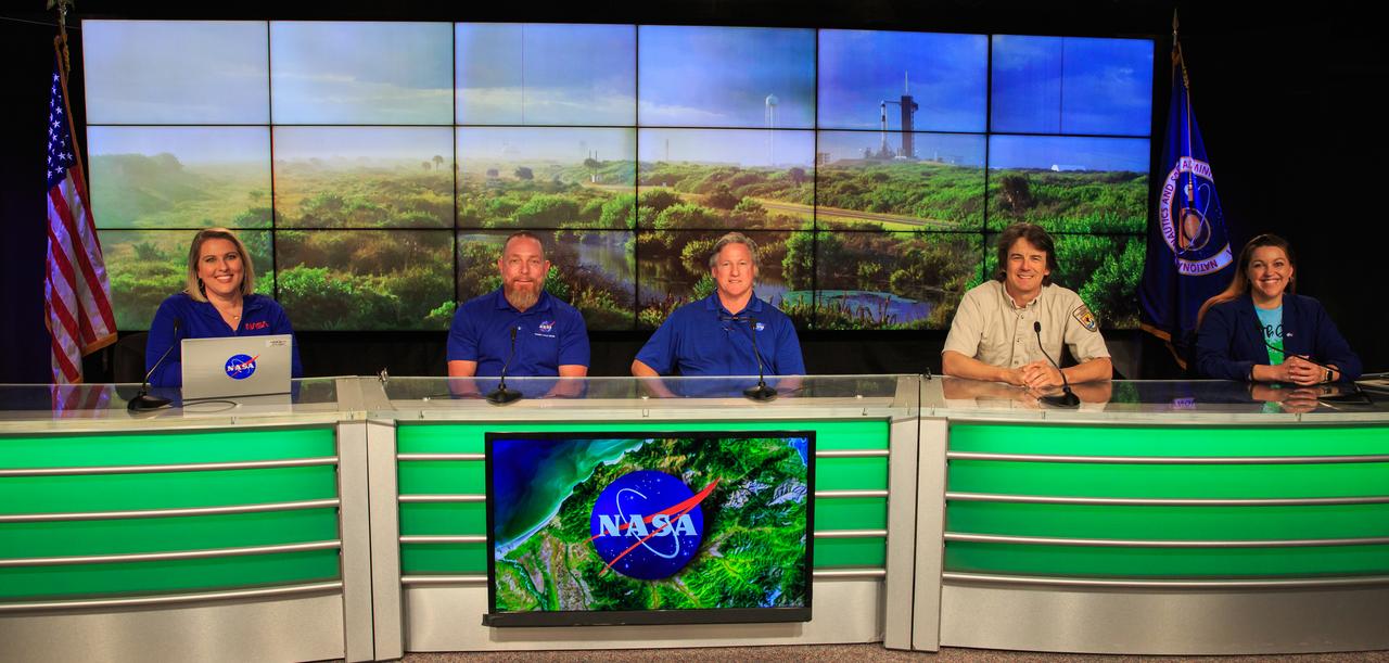From left, NASA Communications’ Leah Martin; Environmental Planning Group Lead in Kennedy Space Center's Environmental Management Branch Don Dankert; Kennedy Environmental Protection Specialist Jeff Collins; Florida Fish and Wildlife Conservation Commission Officer Stanley Howater; and Stennis Space Center's Kelly McCarthy participate in an environmentally focused Earth Day briefing inside the News Auditorium at the Florida spaceport on April 20, 2023. As part of NASA’s NextGen STEM project, students from Florida’s Montverde Academy, Storm Grove Middle School, and Whispering Pines School, as well as a homeschool collective from Georgia, participated in person during the briefing, while middle- and high-school students across the country had the opportunity to ask questions of the panel via phone to discuss how technology and science coexist with nature at Kennedy.