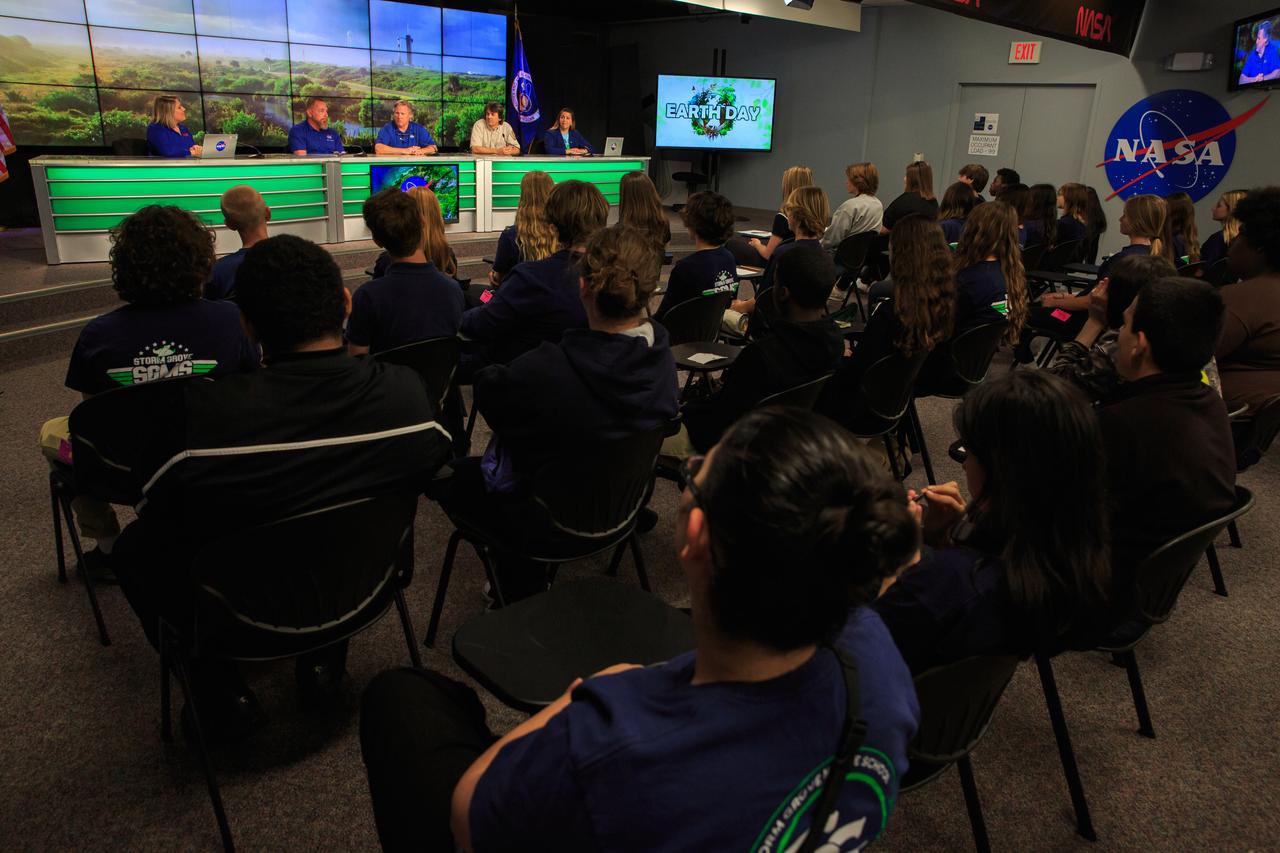 As part of NASA’s NextGen STEM project, students from Florida’s Montverde Academy, Storm Grove Middle School, and Whispering Pines School, as well as a homeschool collective from Georgia, participate in an environmentally focused Earth Day briefing inside the News Auditorium at NASA’s Kennedy Space Center in Florida on April 20, 2023. Along with the students participating in person, middle- and high-school students across the country had the opportunity to ask questions of the panel via phone to discuss how technology and science coexist with nature at Kennedy.