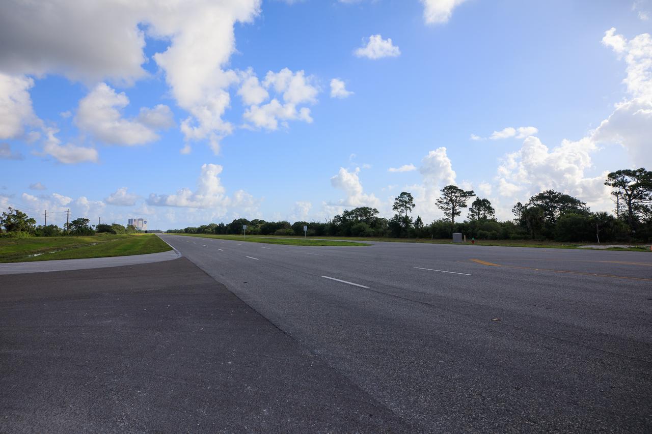 A view of the entrance to SpaceX’s Roberts Road off of State Road 3 at NASA’s Kennedy Space Center in Florida on April 21, 2023. The company wishes to extend the road to allow for expansion of its current facilities. An environmental impact study is underway to investigate the feasibility of the campus expansion. 