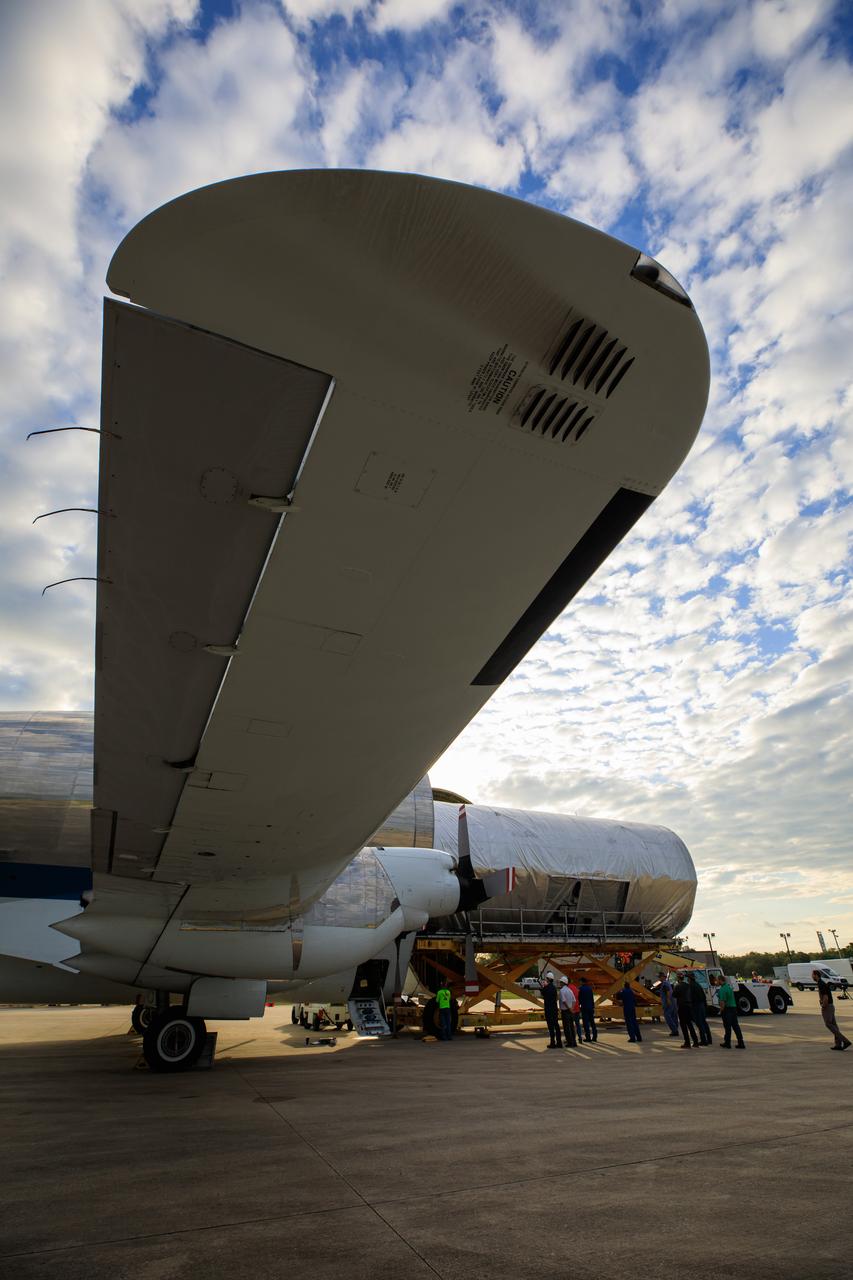 The Multi-Purpose Logistics Module (MPLM), used during the Space Shuttle Program to transfer cargo to and from the International Space Station, is loaded into NASA's Super Guppy aircraft at the Launch and Landing Facility runway at Kennedy Space Center in Florida on April 25, 2023. The MPLM will be transported to Ellington Field in Houston, where it will then be transported by road to Axiom’s facility near Ellington to be utilized to further commercialization of space. Three MPLMs were built by Thales Alenia Space Italia (TASI) for the Italian Space Agency (ASI) and named after Italian masters (Leonardo, Raffaello, and Donatello). Only two ever flew to the space station, Leonardo and Raffaello, with Axiom intending to use the Raffaello module as a future element that will attach to a segment being built by the company for addition to the station. 
