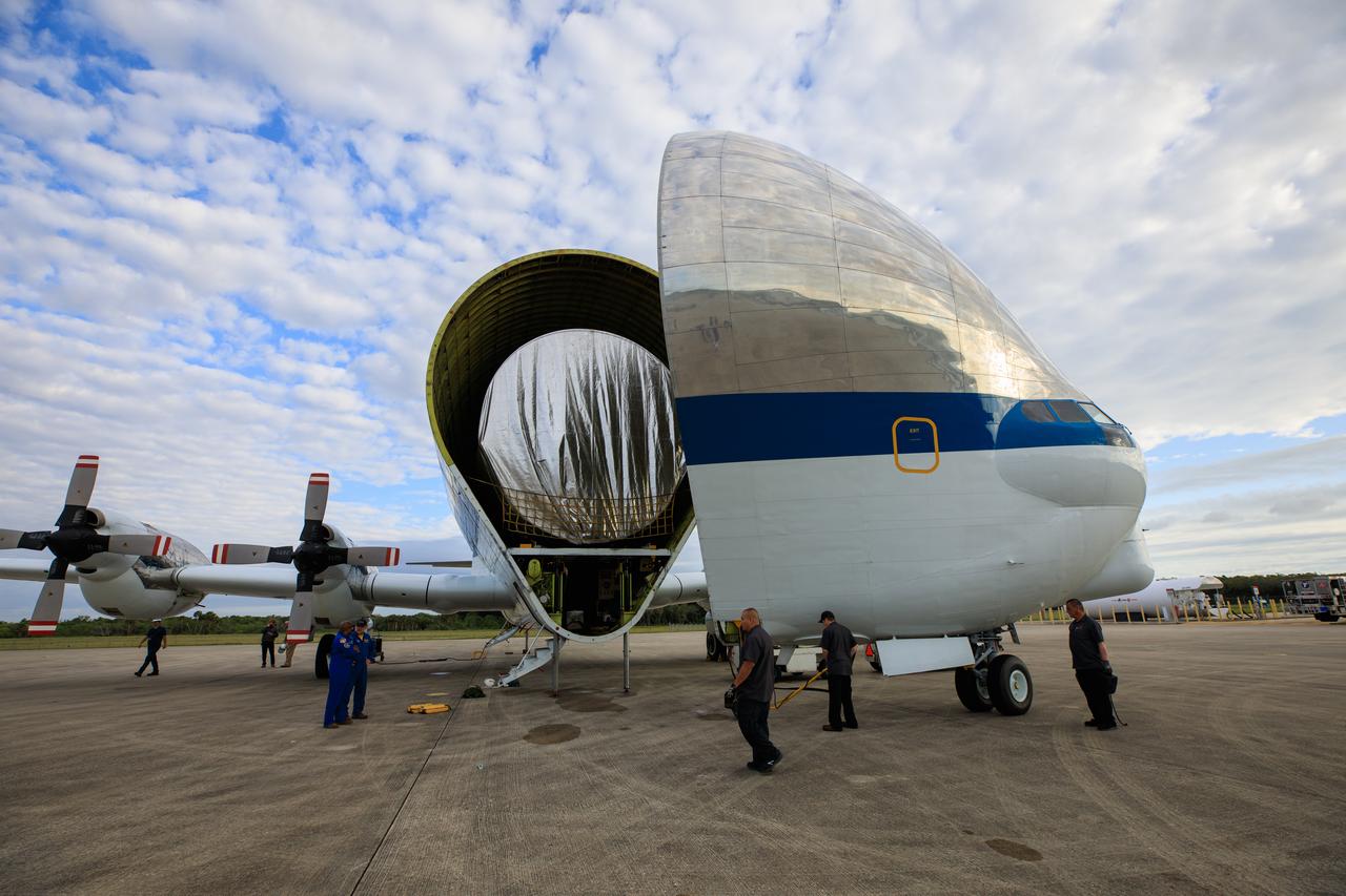 The Multi-Purpose Logistics Module (MPLM), used during the Space Shuttle Program to transfer cargo to and from the International Space Station, is loaded into NASA's Super Guppy aircraft at the Launch and Landing Facility runway at Kennedy Space Center in Florida on April 25, 2023. The MPLM will be transported to Ellington Field in Houston, where it will then be transported by road to Axiom’s facility near Ellington to be utilized to further commercialization of space. Three MPLMs were built by Thales Alenia Space Italia (TASI) for the Italian Space Agency (ASI) and named after Italian masters (Leonardo, Raffaello, and Donatello). Only two ever flew to the space station, Leonardo and Raffaello, with Axiom intending to use the Raffaello module as a future element that will attach to a segment being built by the company for addition to the station. 