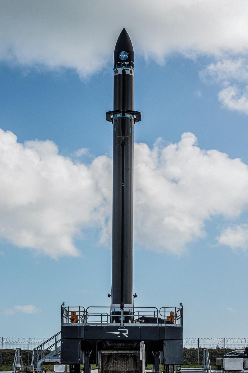 Rocket Lab’s Electron rocket is vertical on the pad at Launch Complex 1 in Mahia, New Zealand. NASA’s Time-Resolved Observations of Precipitation structure and storm Intensity with a Constellation of Smallsats (TROPICS) CubeSats are secured in the payload fairing atop the rocket. TROPICS is scheduled to launch on Monday, May 1, at 1 a.m. New Zealand time from Launch Complex 1, Pad B. TROPICS will provide data on temperature, precipitation, water vapor, and clouds by measuring microwave frequencies, providing insight into storm formation and intensification. 