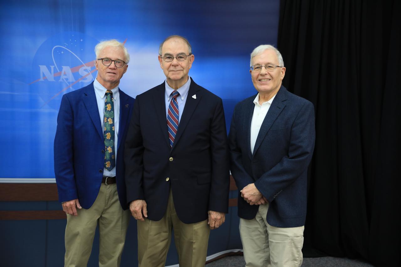 Kennedy Space Center celebrated the latest honorees to have their names added to the “Chroniclers” wall at the NASA News Center in Florida during a ceremony on May 1, 2023. From left, Red Huber, Bob Granath, and Mark Kramer were nominated by other members of the news media and selected by a panel of NASA officials and current space reporters. The award recognizes retirees of the news and communications business who helped spread news of American space exploration from Kennedy for 10 years or more. The inductees join the list of 79 other Kennedy Chroniclers whose names hang proudly on the wall in the “Bull Pen,” the NASA News Center room where media traditionally gather to research and file their stories during launches. 