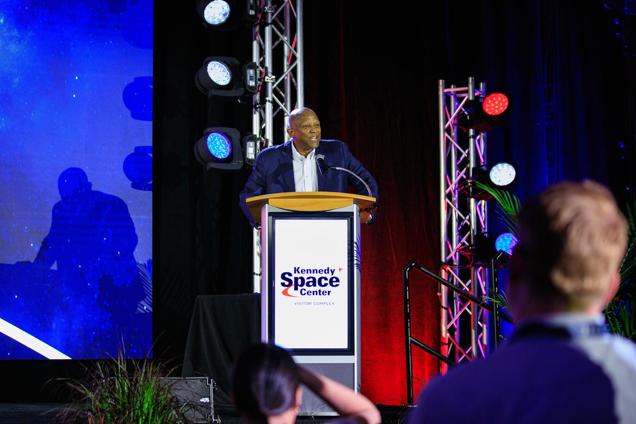 Kelvin Manning, deputy director of NASA's Kennedy Space Center in Florida, speaks to guests during the 2023 U.S. Astronaut Hall of Fame (AHOF) Induction inside the Space Shuttle Atlantis attraction at the Kennedy Space Center Visitor Complex on May 6, 2023. Two veteran space explorers were inducted into the AHOF Class of 2023. They are Roy D. Bridges Jr. and Mark Kelly. Inductees into the Hall of Fame are selected by a committee of Hall of Fame astronauts, former NASA officials, flight directors, historians and journalists. The process is administered by the Astronaut Scholarship Foundation. To be eligible, an astronaut must have made his or her first flight at least 17 years before the induction. Candidates must be a U.S. citizen and a NASA-trained commander, pilot, or mission specialist who has orbited the earth at least once. Including Bridges and Kelly, 107 astronauts have been inducted into the AHOF.